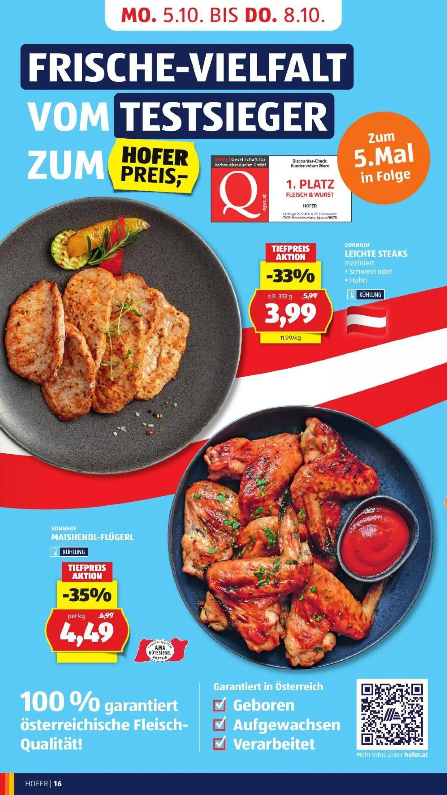 Hofer Prospekt, Seite 24 von 52 — SONNHOF MAISHENDL-FLÜGERL, SONNHOF LEICHTE STEAKS mariniert • Schwein oder • Huhn