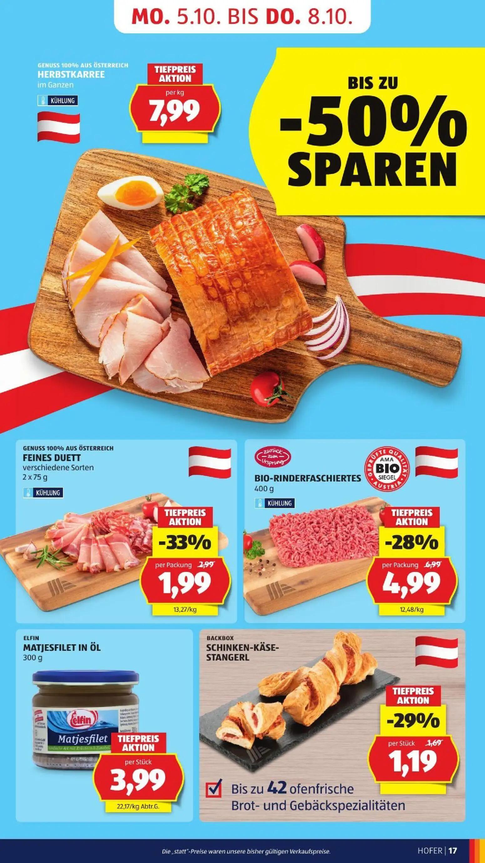 Hofer Prospekt, Seite 25 von 52 — BIO-RINDERFASCHIERTES, FEINES DUETT verschiedene Sorten, SCHINKEN-KÄSE-STANGERL
