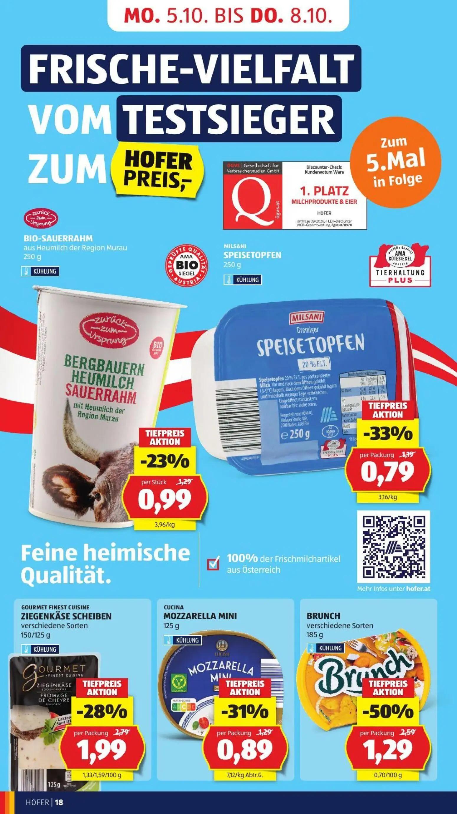 Hofer Prospekt, Seite 26 von 52 — BRUNCH, GOURMET FINEST CUISINE ZIEGENKÄSE SCHEIBEN, MILSANI SPEISE TOPFEN