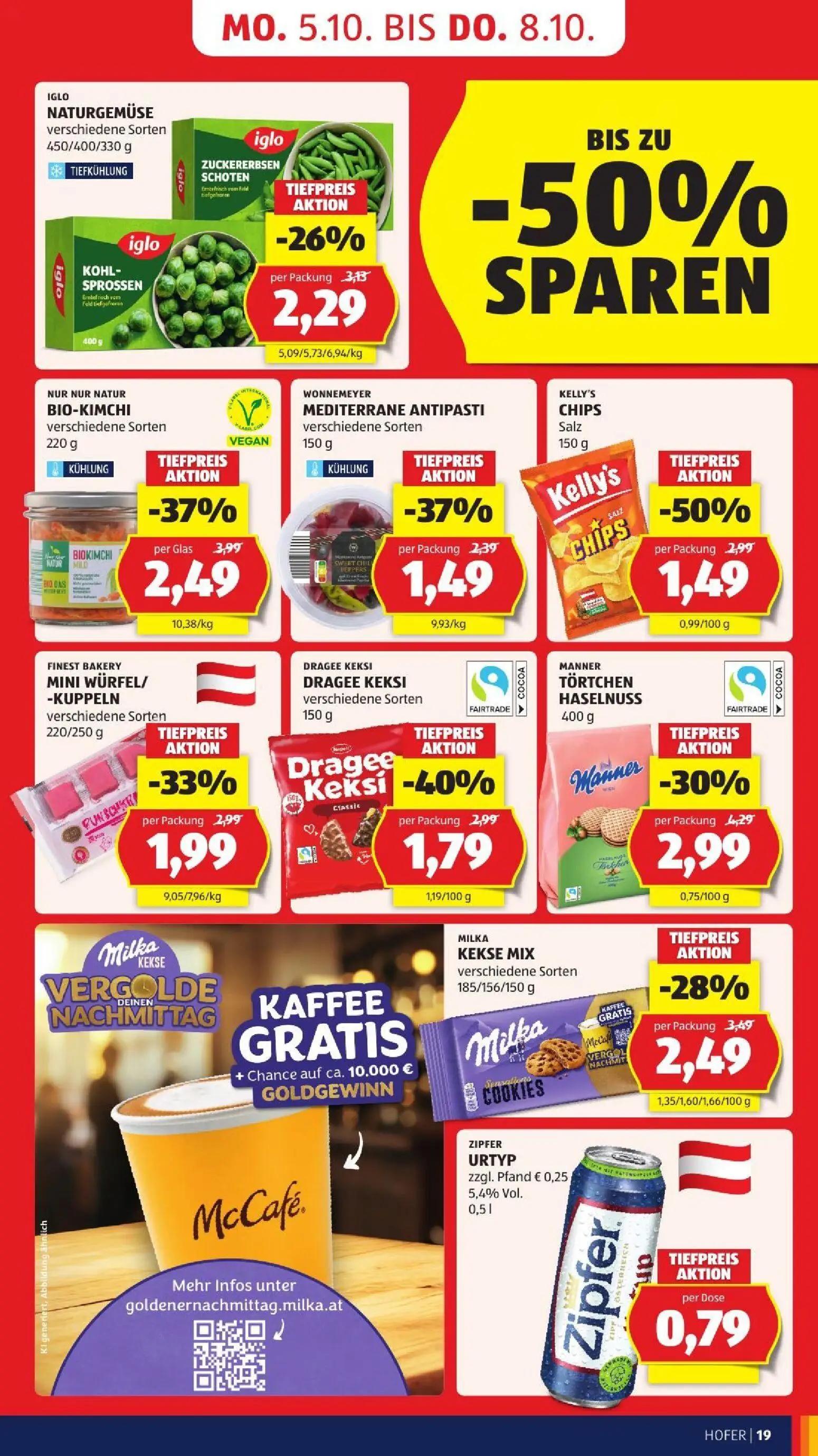 Hofer Prospekt, Seite 27 von 52 — NUR NUR NATUR BIO-KIMCHI verschiedene Sorten, KELLY'S CHIPS Salz, MANNER TÖRTCHEN HASELNUSS