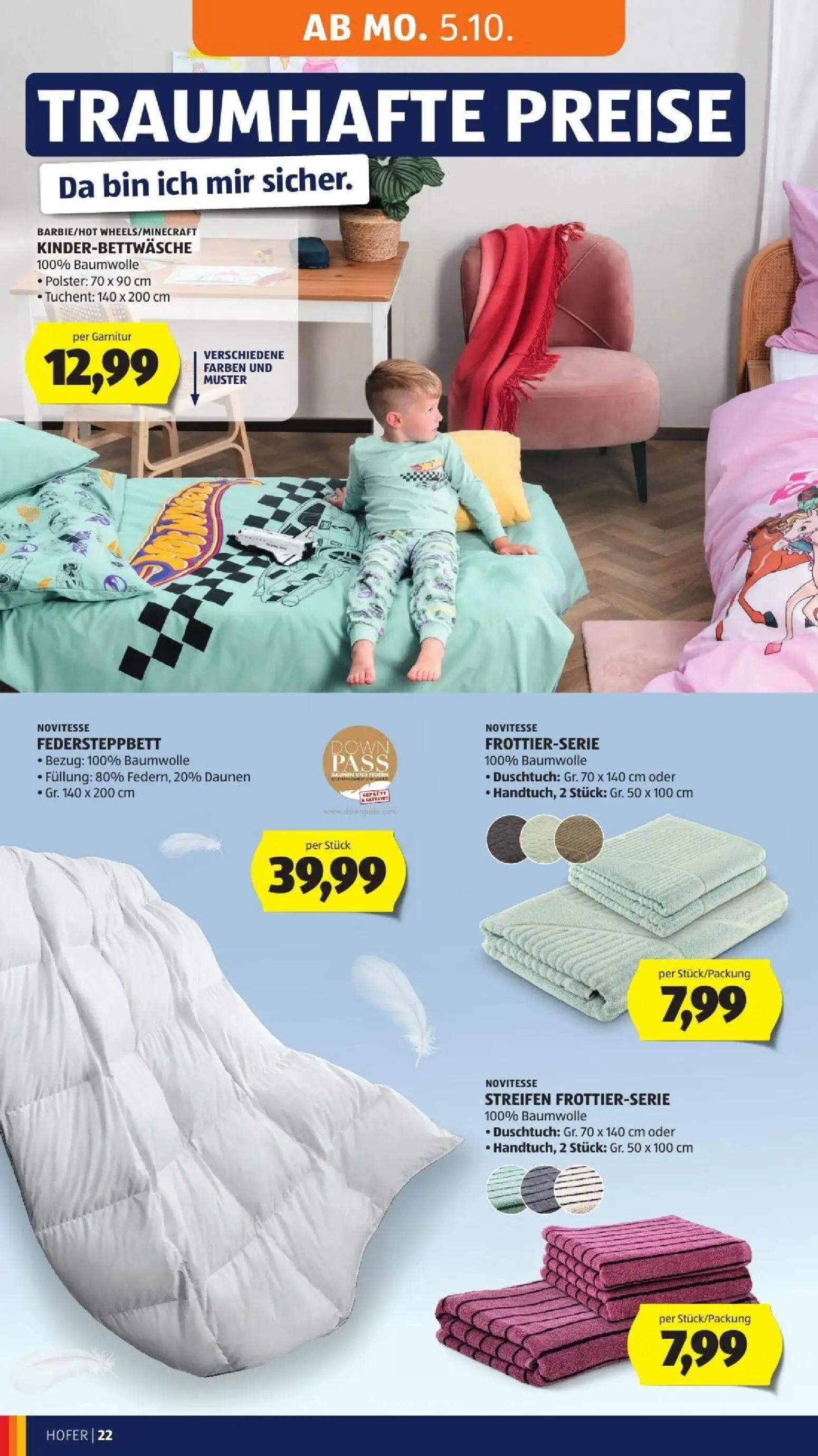 Hofer Prospekt, Seite 32 von 52 — BARBIE/HOT WHEELS/MINECRAFT KINDER-BETTWÄSCHE 100% Baumwolle • Polster: 70 x 90 cm • Tuche…