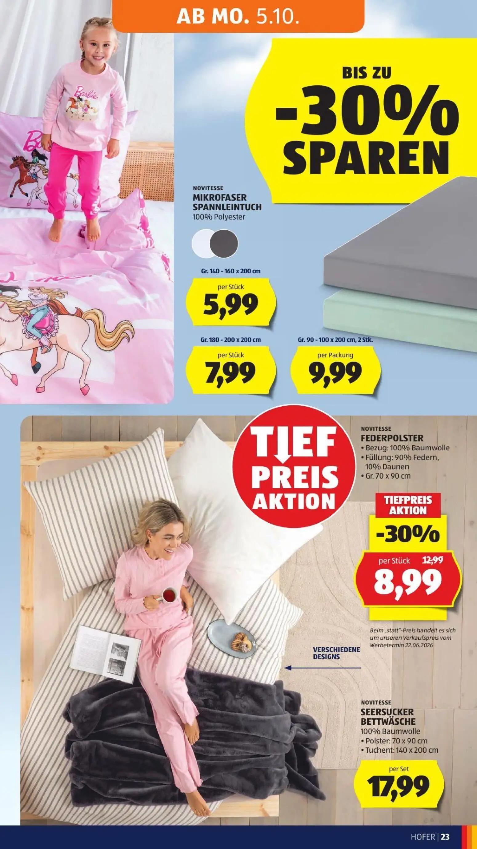 Hofer Prospekt, Seite 33 von 52 — FEDERPOLSTER, MIKROFASER SPANNLEINTUCH, MIKROFASER SPANNLEINTUCH