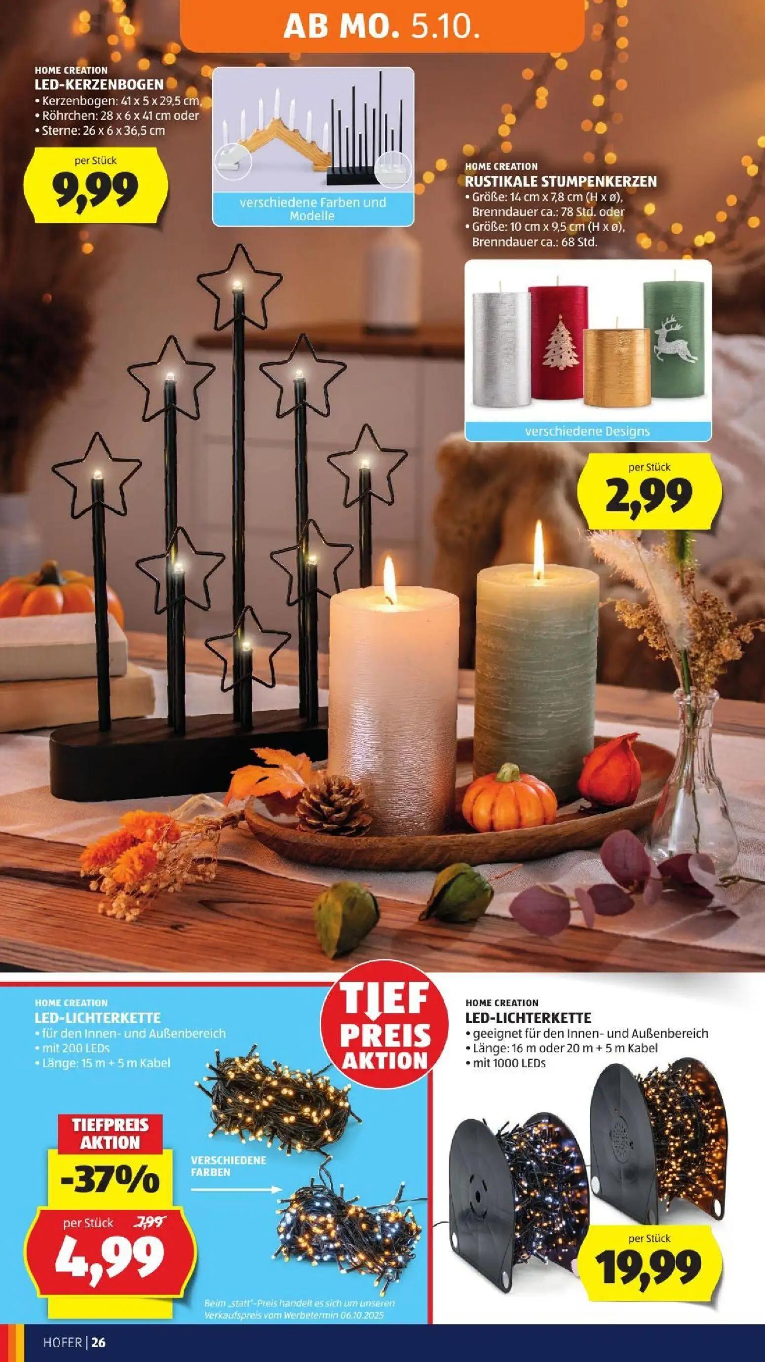 Hofer Prospekt, Seite 36 von 52 — LED-LICHTERKETTE, LED-KERZENBOGEN, RUSTIKALE STUMPENKERZEN