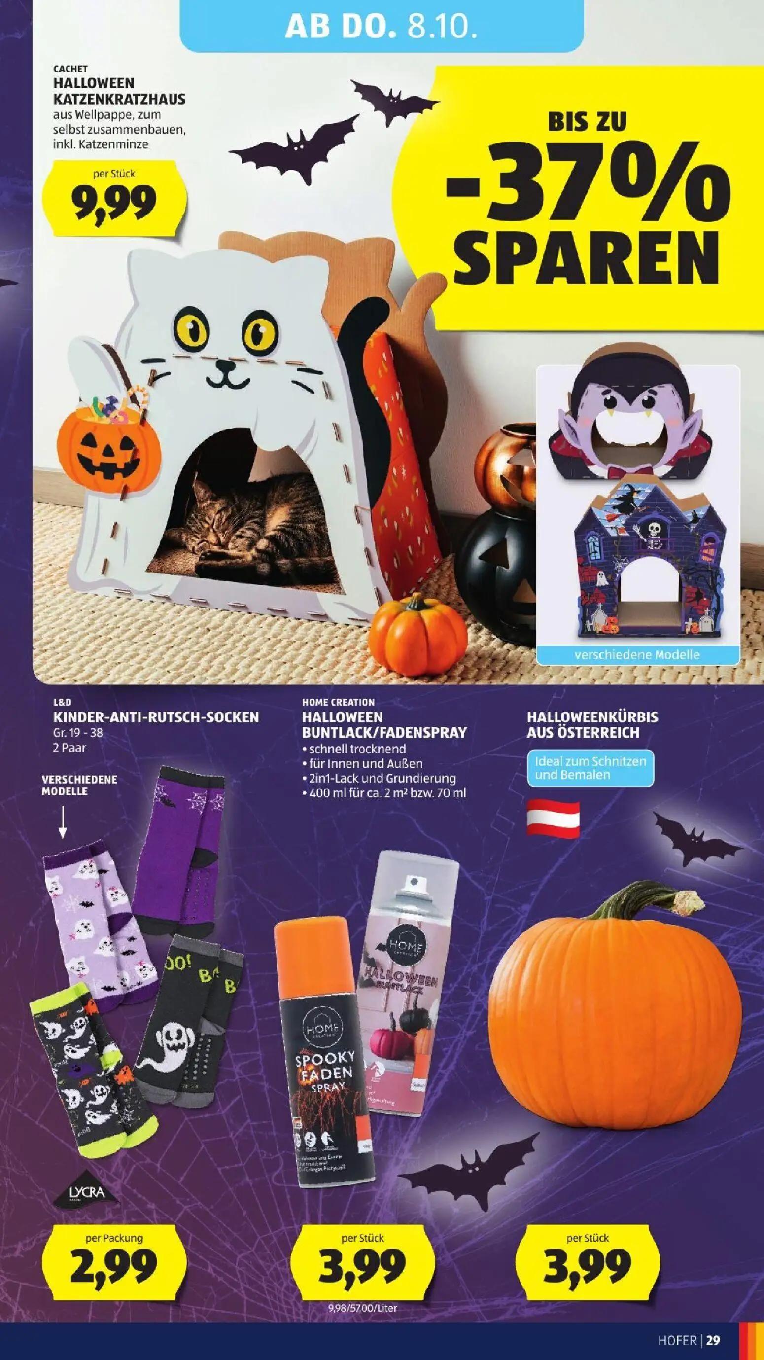 Hofer Prospekt, Seite 39 von 52 — HALLOWEEN KATZENKRATZHAUS, KINDER-ANTI-RUTSCH-SOCKEN, HALLOWEEN BUNTLACK/FADENSPRAY