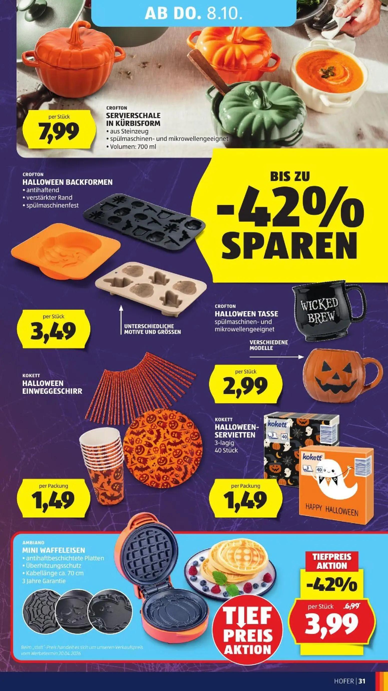Hofer Prospekt, Seite 41 von 52 — AMBIANO MINI WAFFELEISEN, CROFTON SERVIERSCHALE IN KÜRBISFORM, CROFTON HALLOWEEN BACKFORMEN