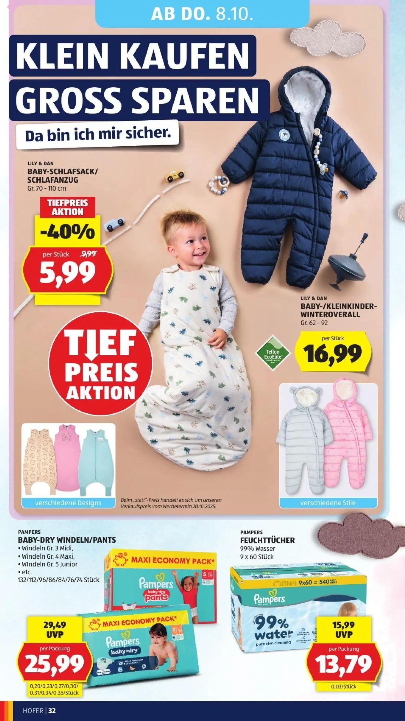 Hofer Prospekt, Seite 42 von 52 — BABY-SCHLAFSACK/SCHLAFANZUG, BABY-DRY WINDELN/PANTS, FEUCHTTÜCHER 99% Wasser