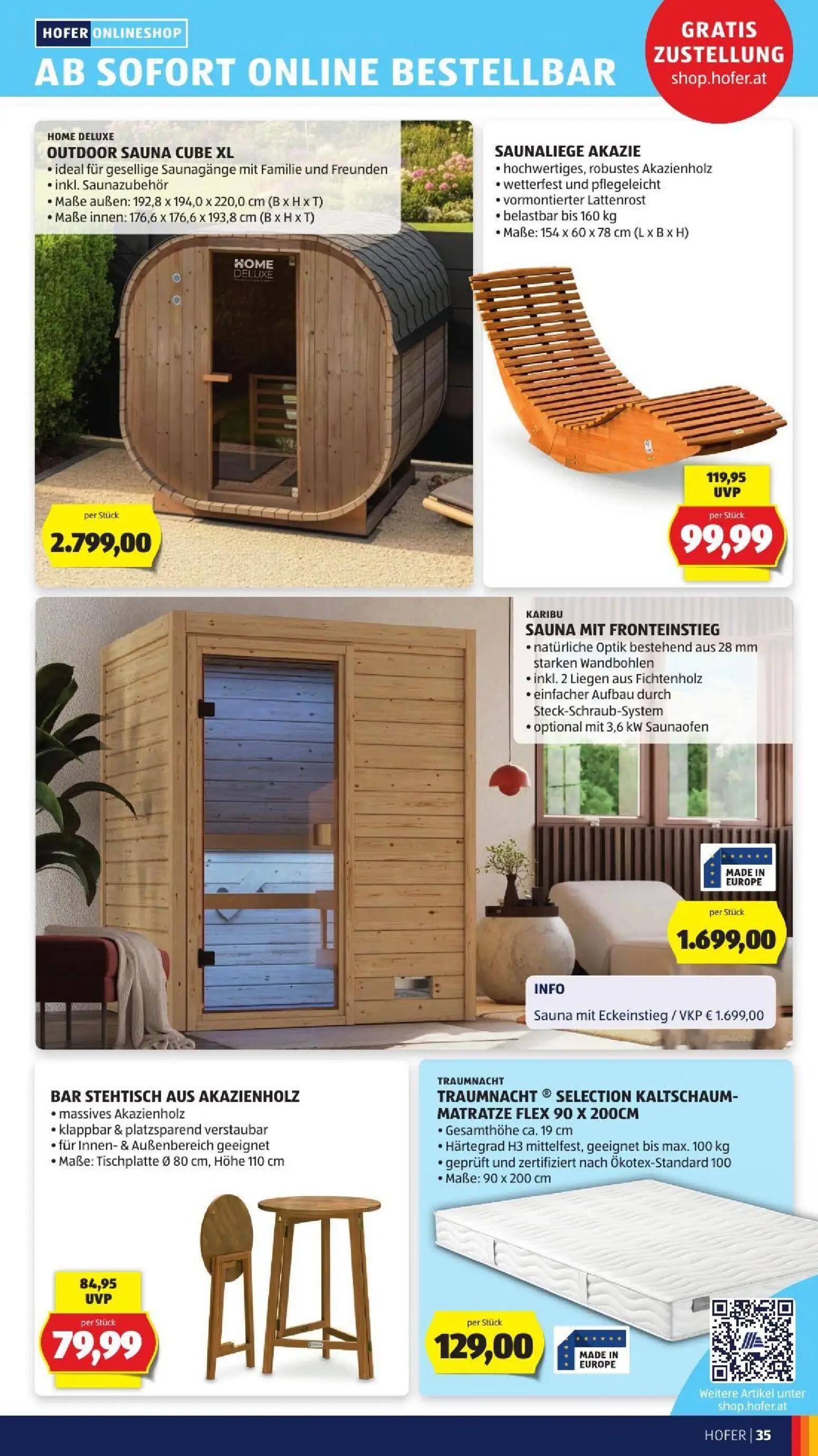 Hofer Prospekt, Seite 45 von 52 — SAUNALIEGE AKAZIE, BAR STEHTISCH AUS AKAZIENHOLZ, OUTDOOR SAUNA CUBE XL