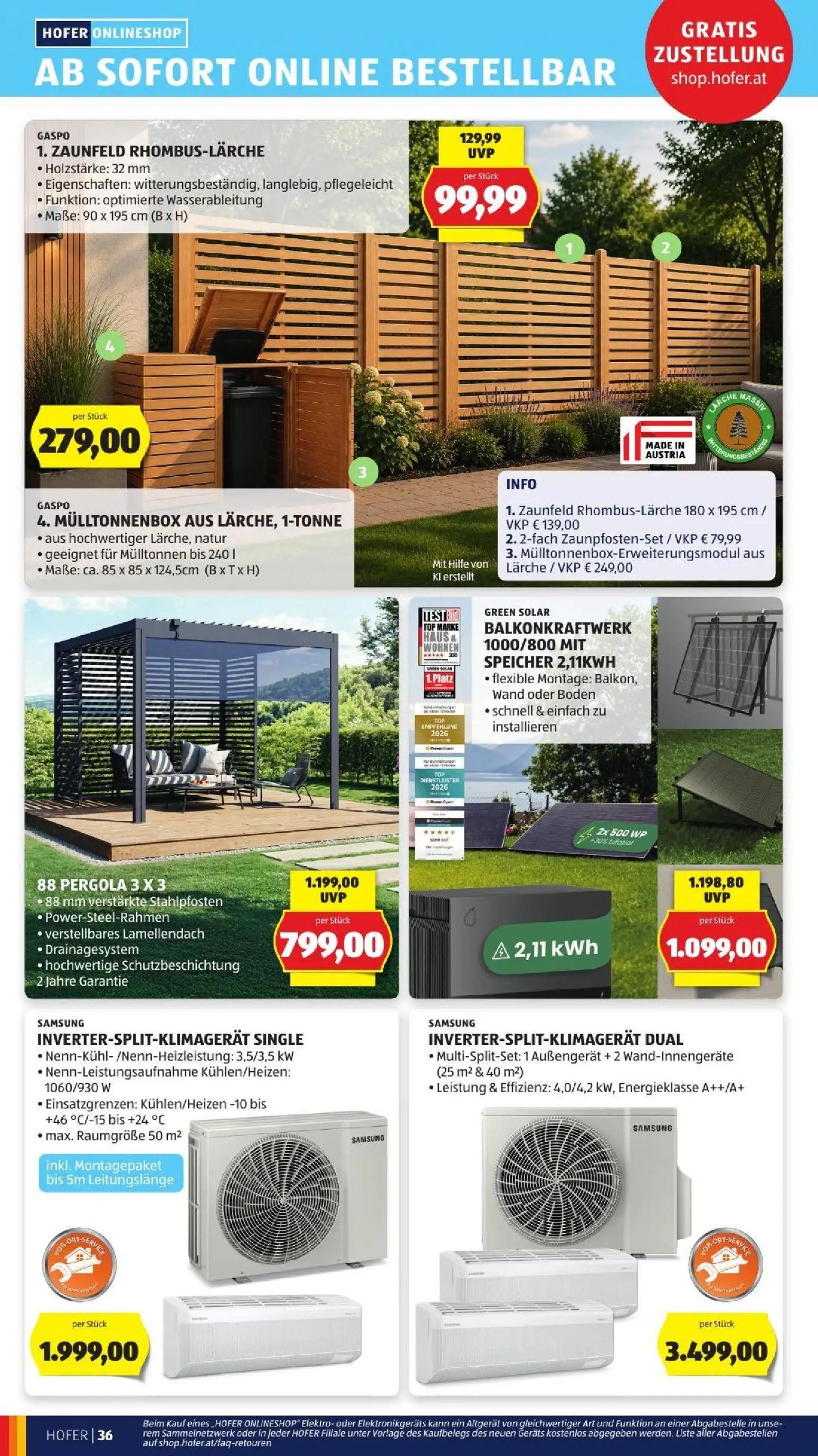 Hofer Prospekt, Seite 46 von 52 — PERGOLA 3 X 3, BALKONKRAFTWERK, ZAUNFELD RHOMBUS-LÄRCHE