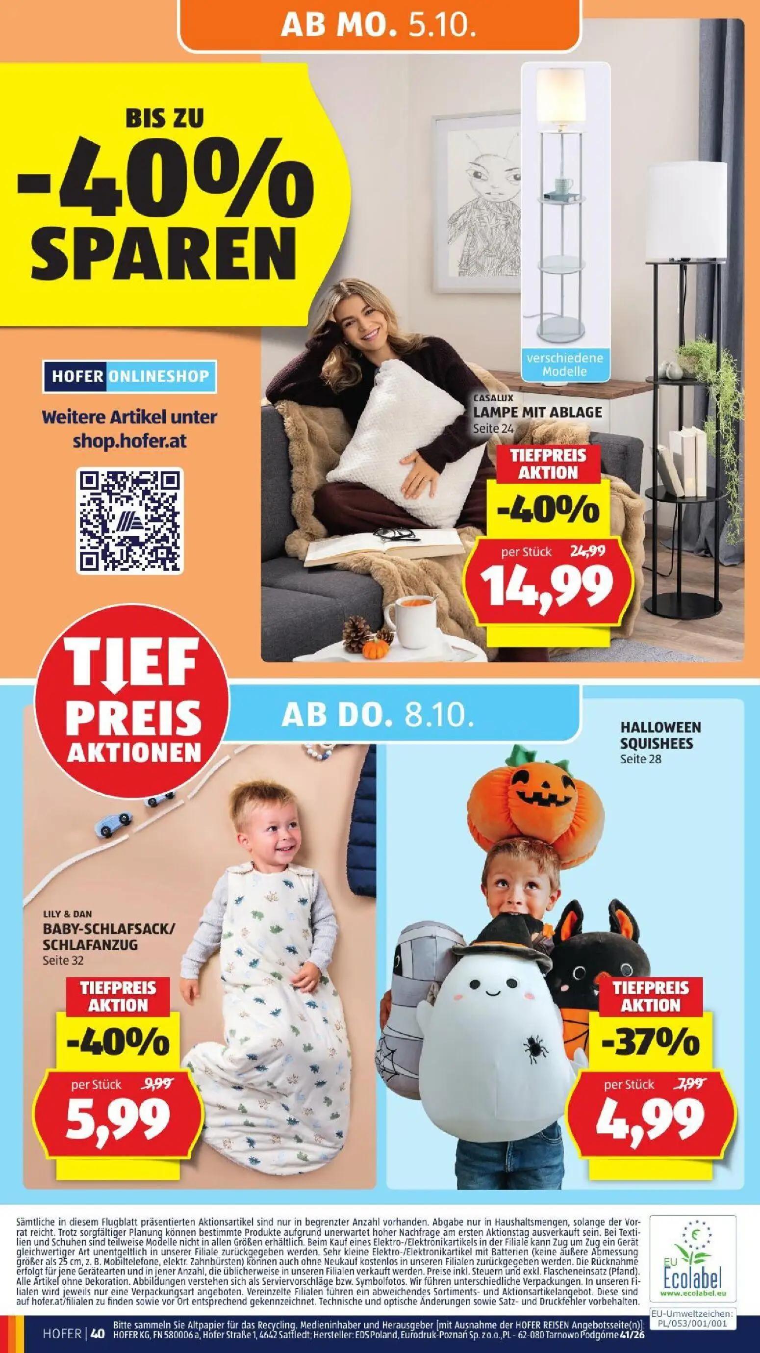 Hofer Prospekt, Seite 50 von 52 — LAMPE MIT ABLAGE, BABY-SCHLAFSACK/ SCHLAFANZUG, HALLOWEEN SQUISHEES