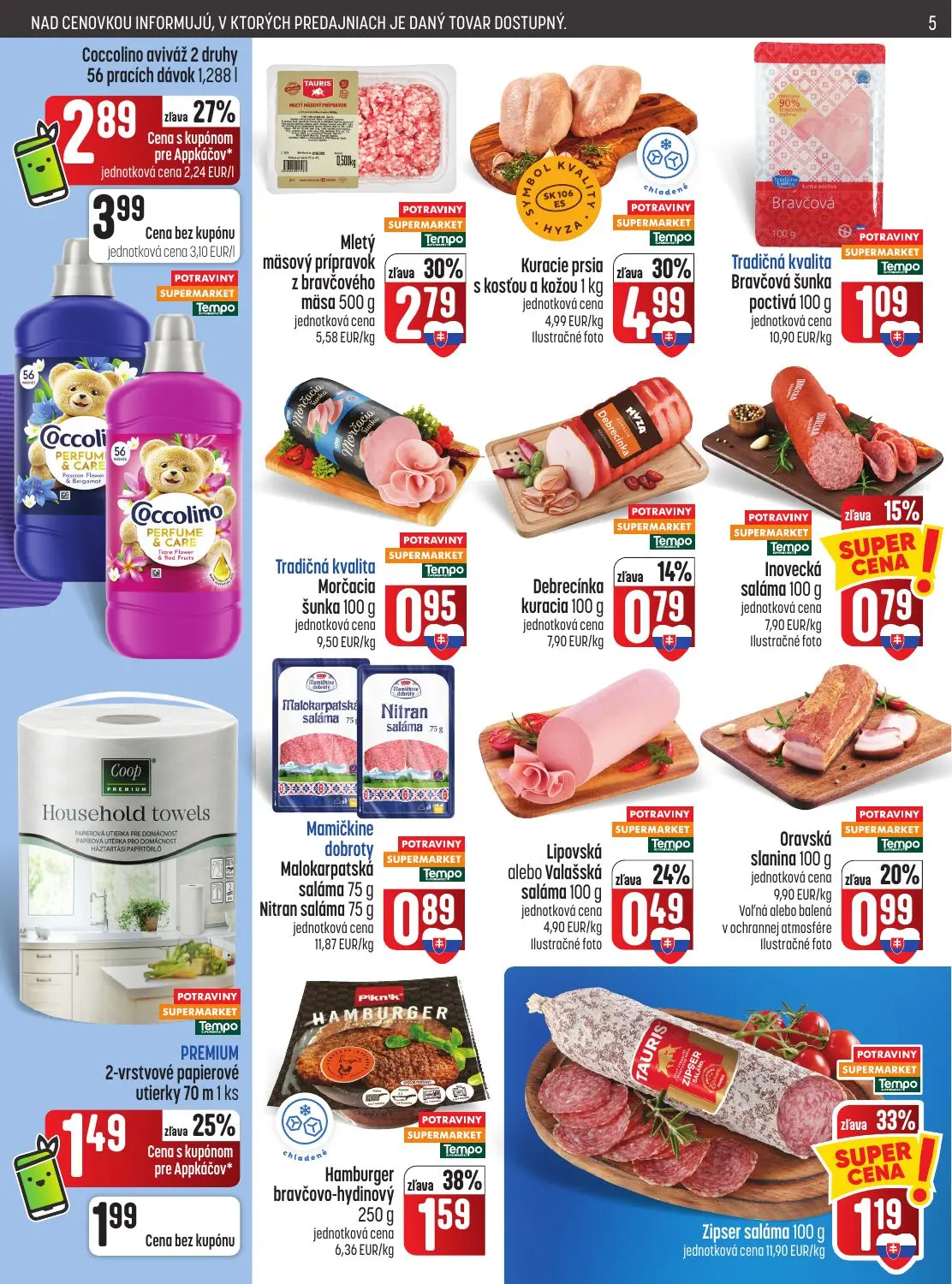 Coop Jednota leták, strana 5 z 28 — Kuracie prsia s kosťou a kožou, Mletý mäsový prípravok z bravčového mäsa, Coccolino aviv…