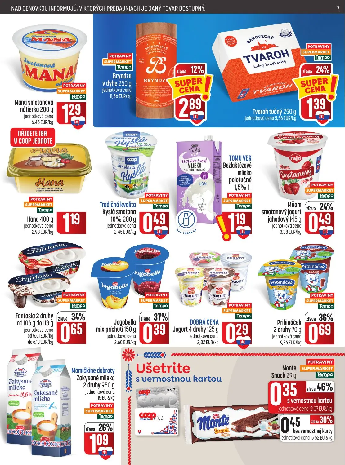 Coop Jednota leták, strana 7 z 28 — Tvaroh tučný, Bryndza v dyhe, Pribináček 2 druhy