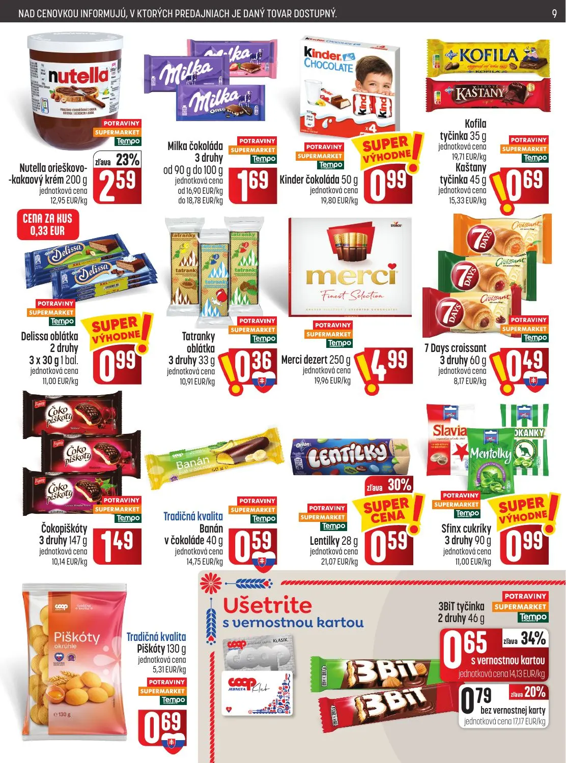 Coop Jednota leták, strana 9 z 28 — Nutella orieškovo-kakaový krém, Lentilky, 3BIT tyčinka