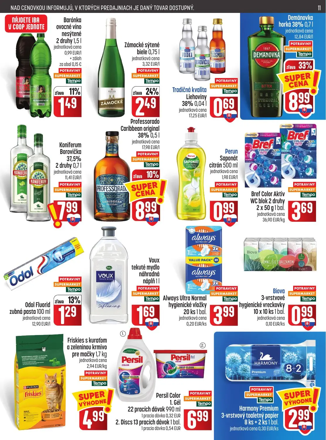 Coop Jednota leták, strana 11 z 28 — Demänovka horká, Professorado Caribbean original, Zámocké sýtené biele