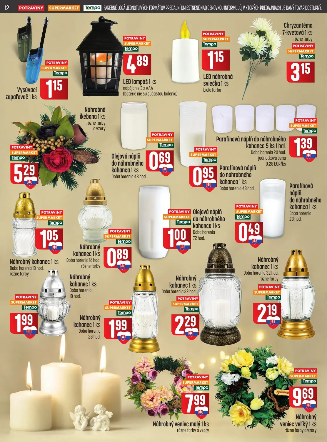 Coop Jednota leták, strana 12 z 28 — Vysúvací zapaľovač, LED lampáš, LED náhrobná sviečka biela farba
