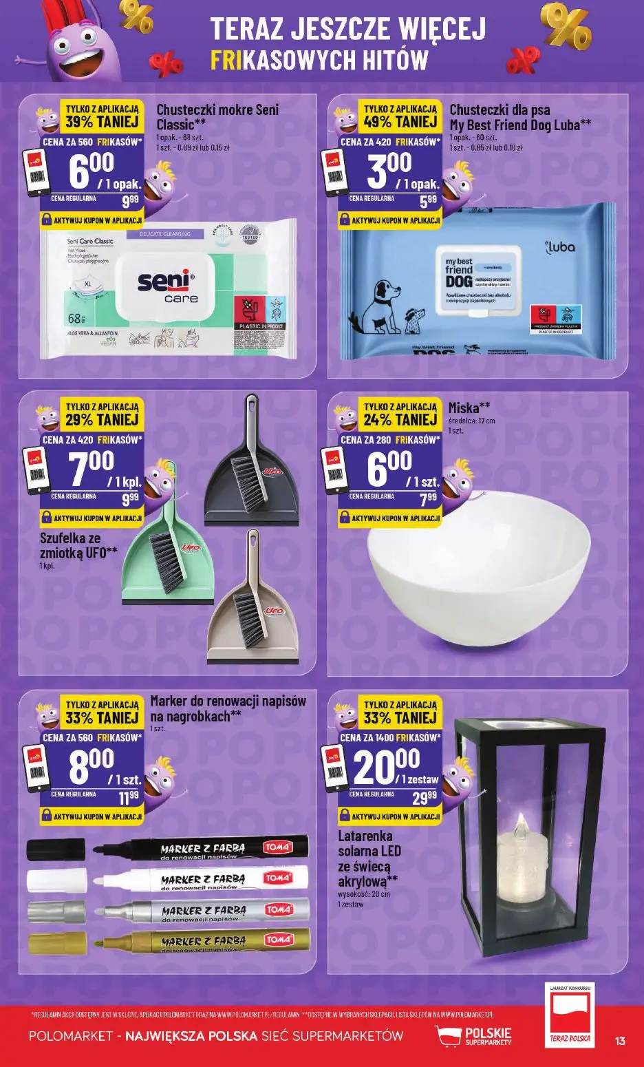 POLOmarket gazetka, strona 13 z 14 — Latarenka solarna LED ze świecą akrylową**, Chusteczki mokre Seni Classic**, Marker do …