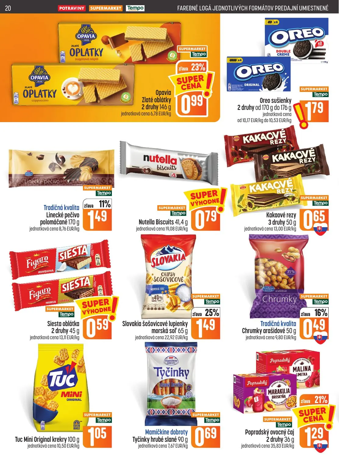 Coop Jednota leták, strana 20 z 28 — Slovakia šošovicové lupienky morská soľ, Popradský ovocný čaj, Opavia Zlaté oblátky