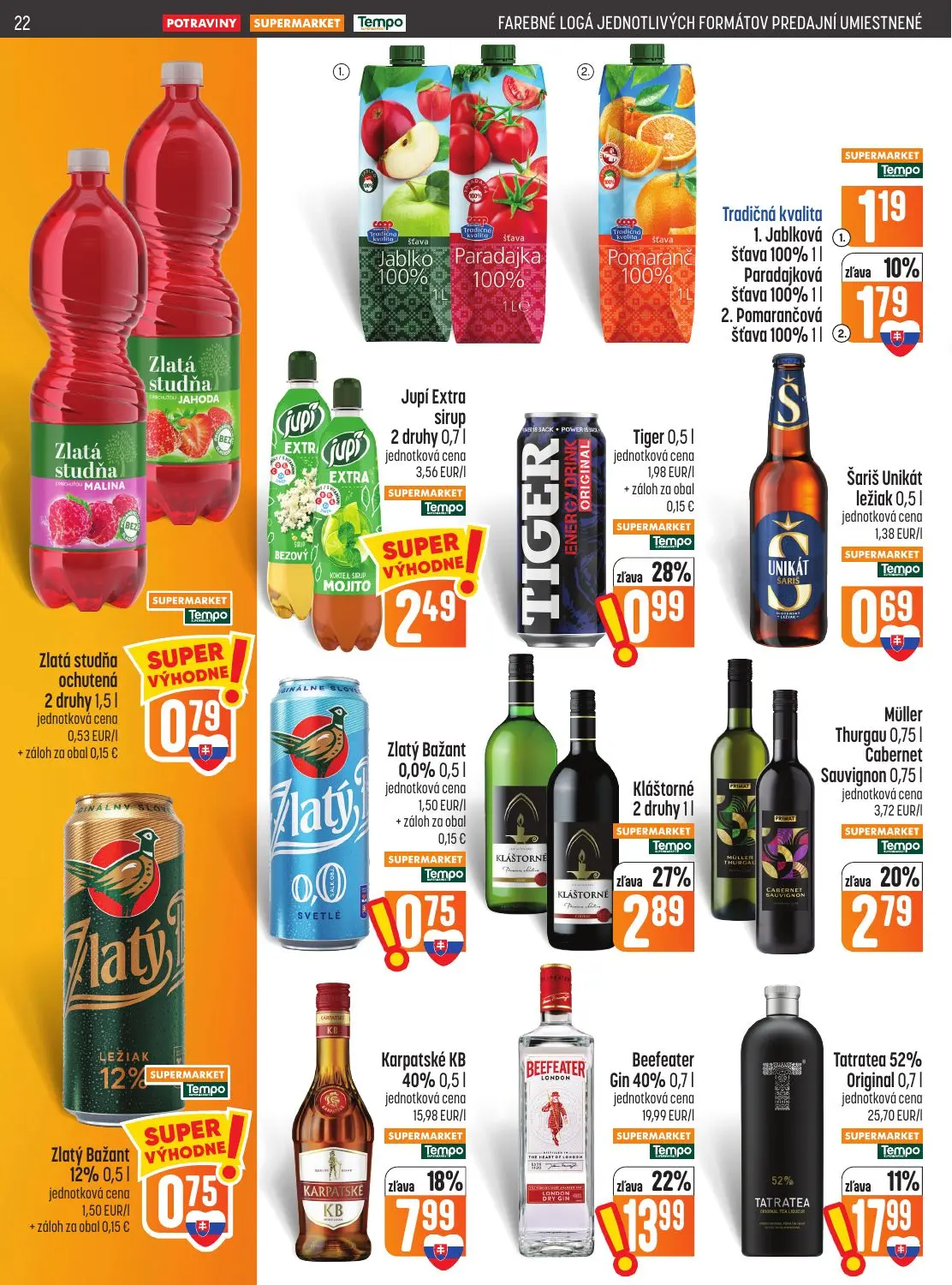 Coop Jednota leták, strana 22 z 28 — Beefeater Gin 40%, Tatratea 52% Original, Karpatské KB 40%
