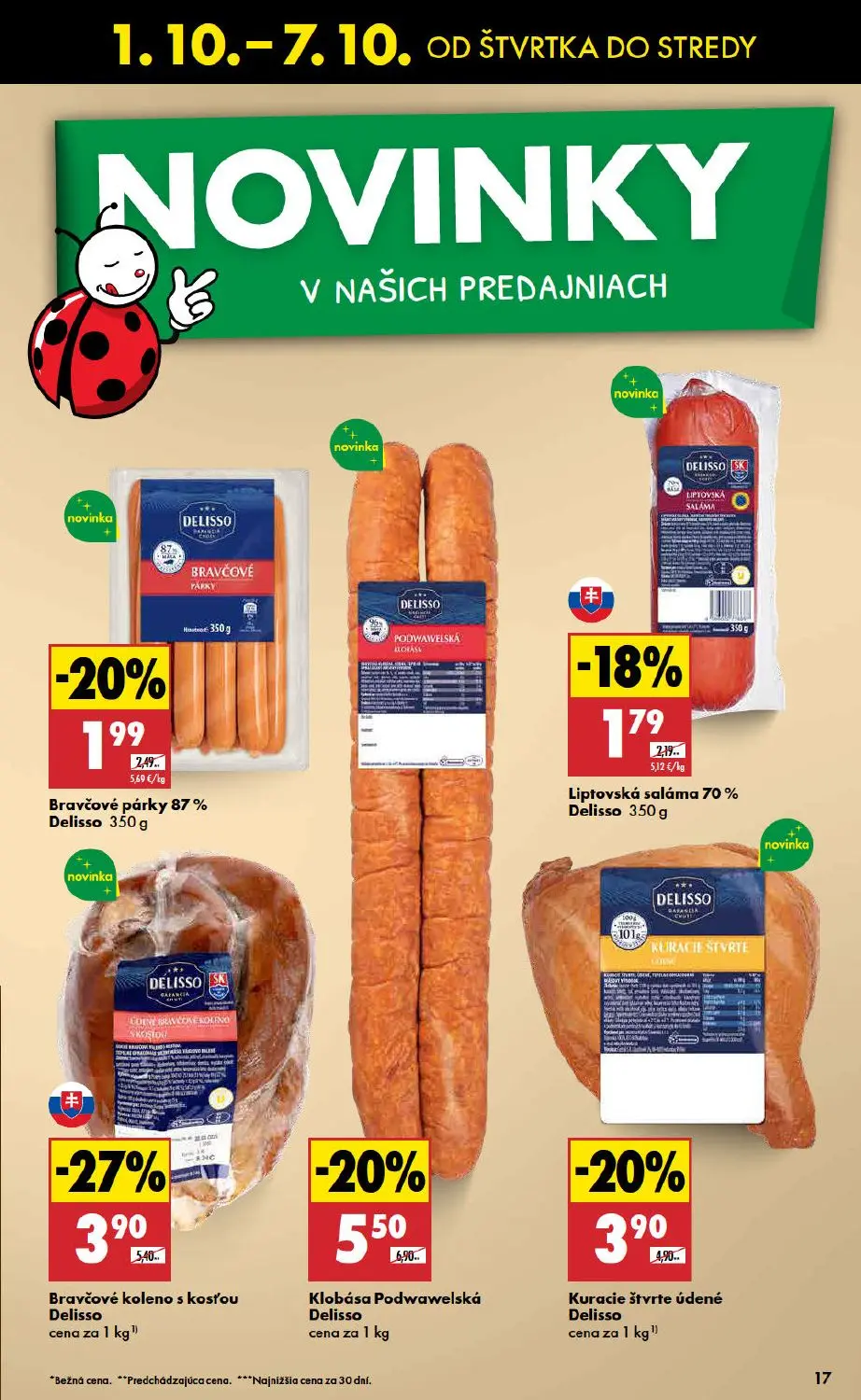 Biedronka leták, strana 17 z 48 — Bravčové koleno s kosťou Delisso, Klobása Podwawelská Delisso, Kuracie štvrte údené Delisso