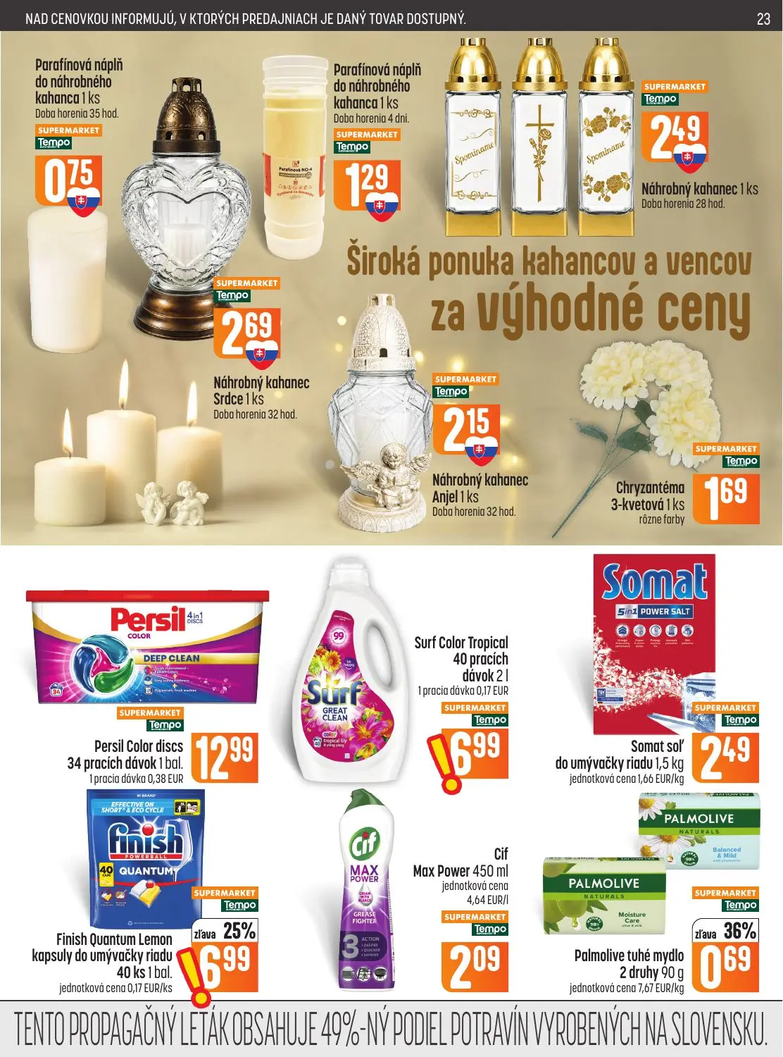 Coop Jednota leták, strana 23 z 28 — Finish Quantum Lemon kapsuly do umývačky riadu, Palmolive tuhé mydlo, Parafínová náplň …