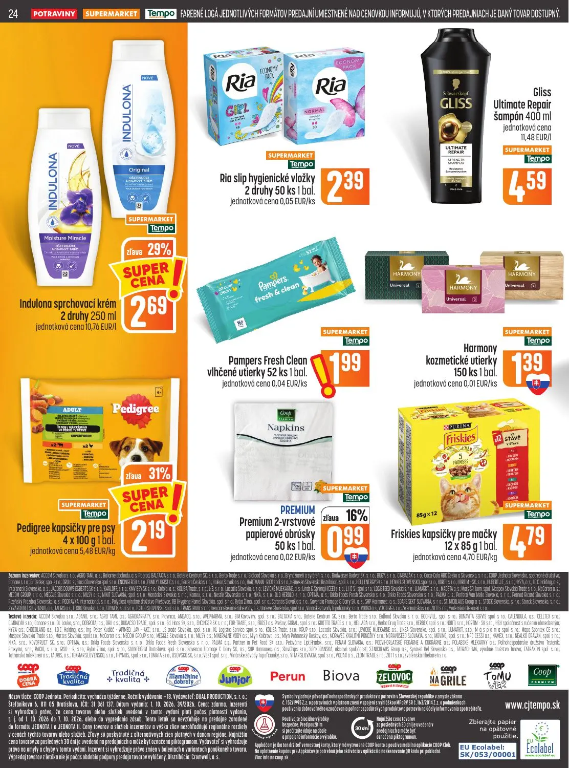 Coop Jednota leták, strana 24 z 28 — Indulona sprchovací krém 2 druhy, Pedigree kapsičky pre psy, Premium 2-vrstvové papiero…