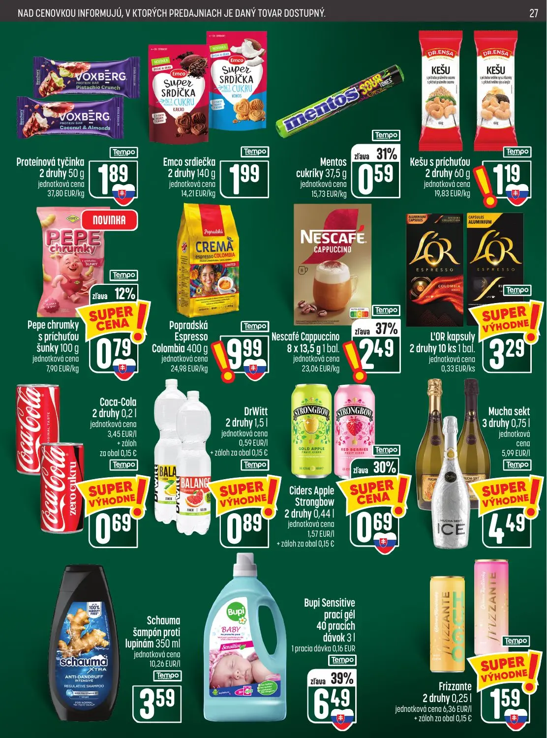 Coop Jednota leták, strana 27 z 28 — Bupi Sensitive prací gél, Nescafé Cappuccino, Ciders Apple Strongbow