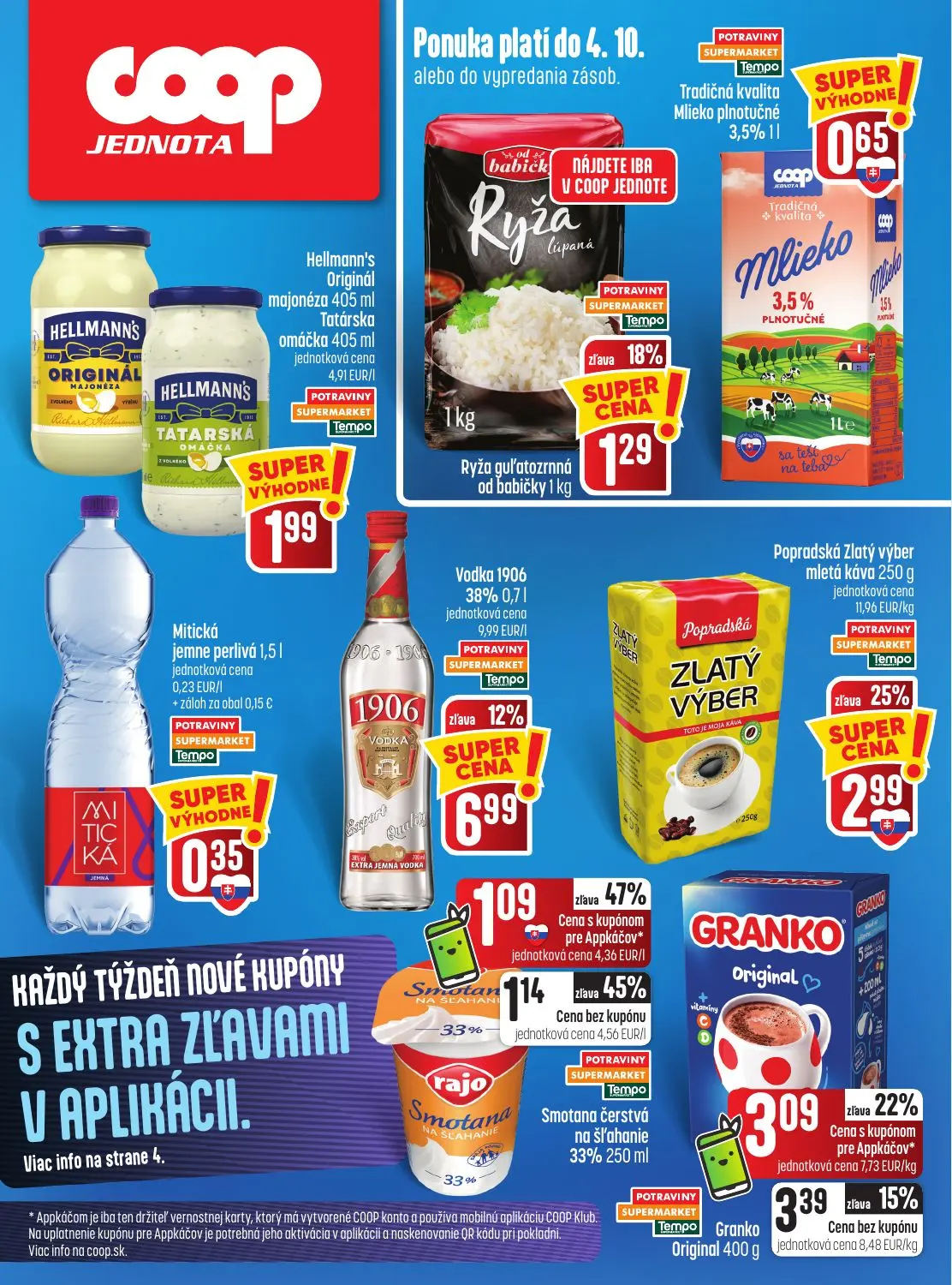 Coop Jednota leták, strana 28 z 28 — Popradská Zlatý výber mletá káva, Vodka 1906 38%, Granko Original