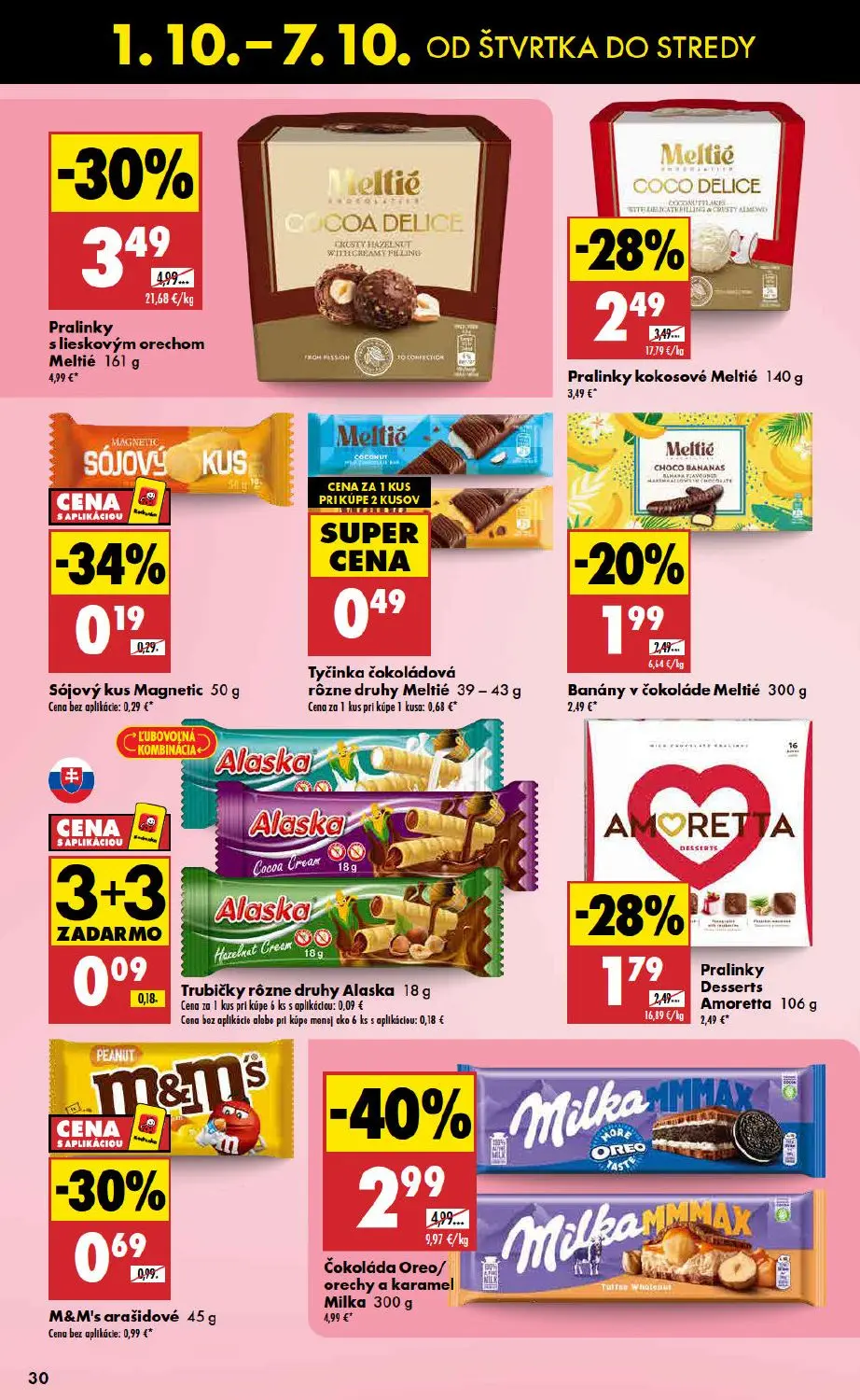 Biedronka leták, strana 30 z 48 — Čokoláda Oreo/orechy a karamel Milka, Pralinky s lieskovým orechom Meltié, Pralinky kokoso…