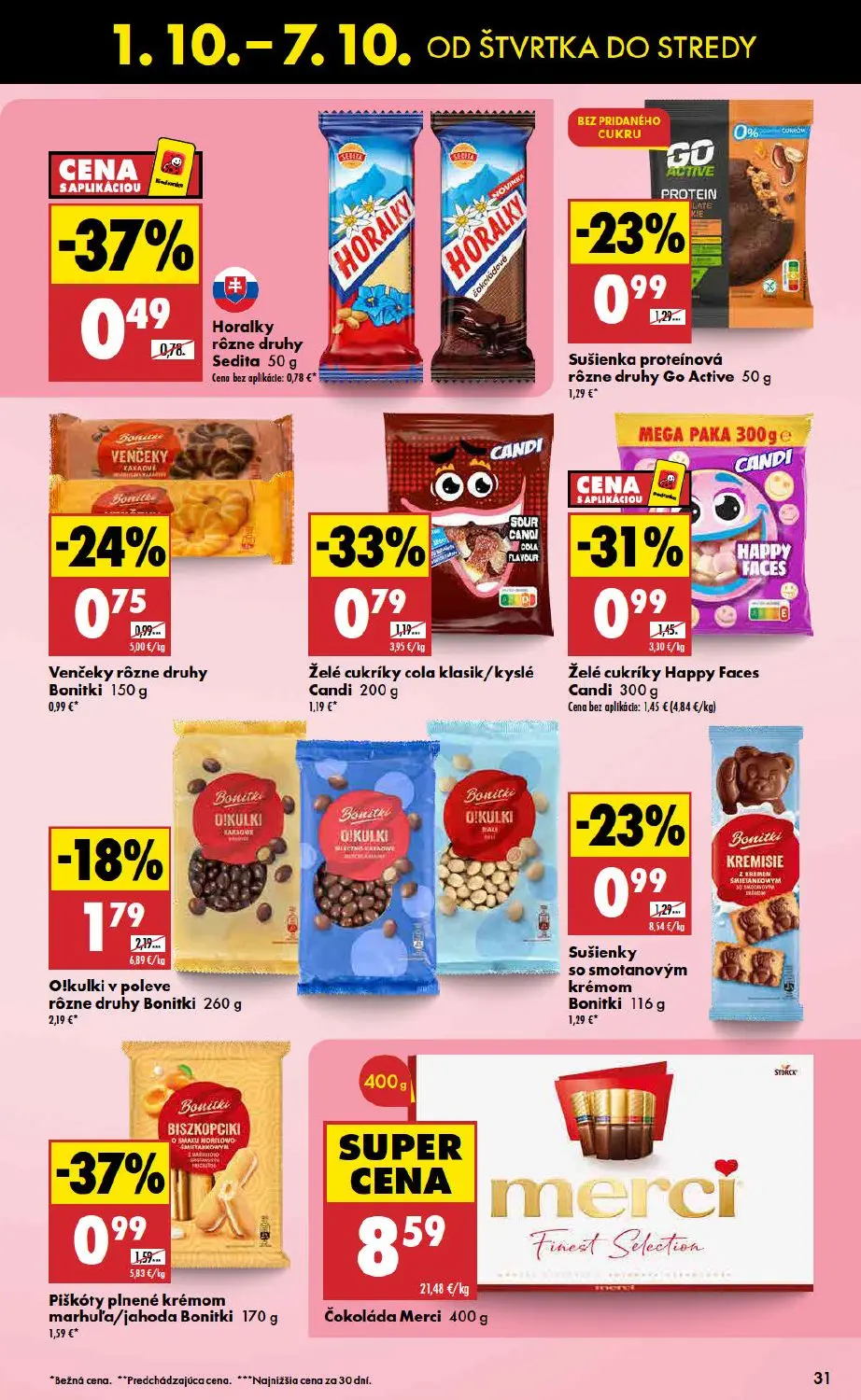 Biedronka leták, strana 31 z 48 — Piškóty plnené krémom marhuľa/jahoda Bonitki, Želé cukríky Happy Faces Candi, Želé cukríky…