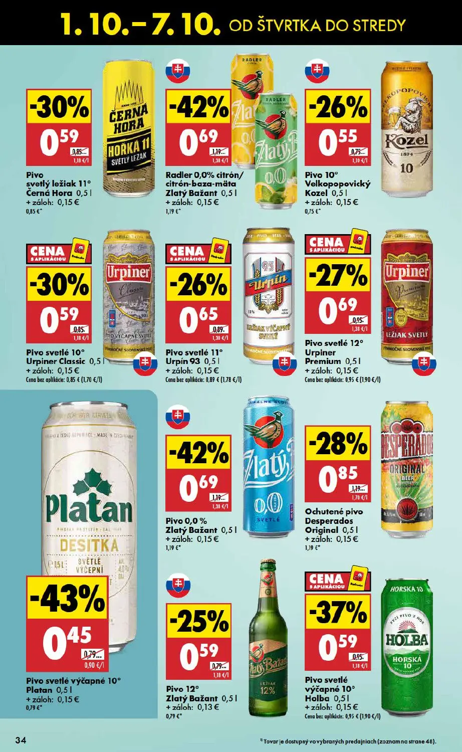 Biedronka leták, strana 34 z 48 — Radler 0,0% citrón/citrón-baza-mäta Zlatý Bažant, Pivo 0,0% Zlatý Bažant, Pivo svetlé výča…