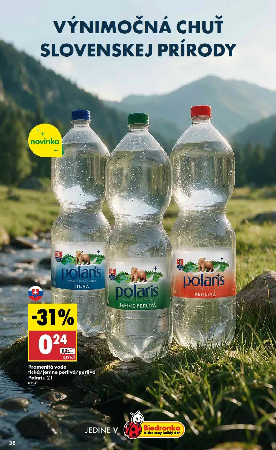 Biedronka leták, strana 38 z 48 — Pramenitá voda tichá/jemne perlivá/perlivá Polaris