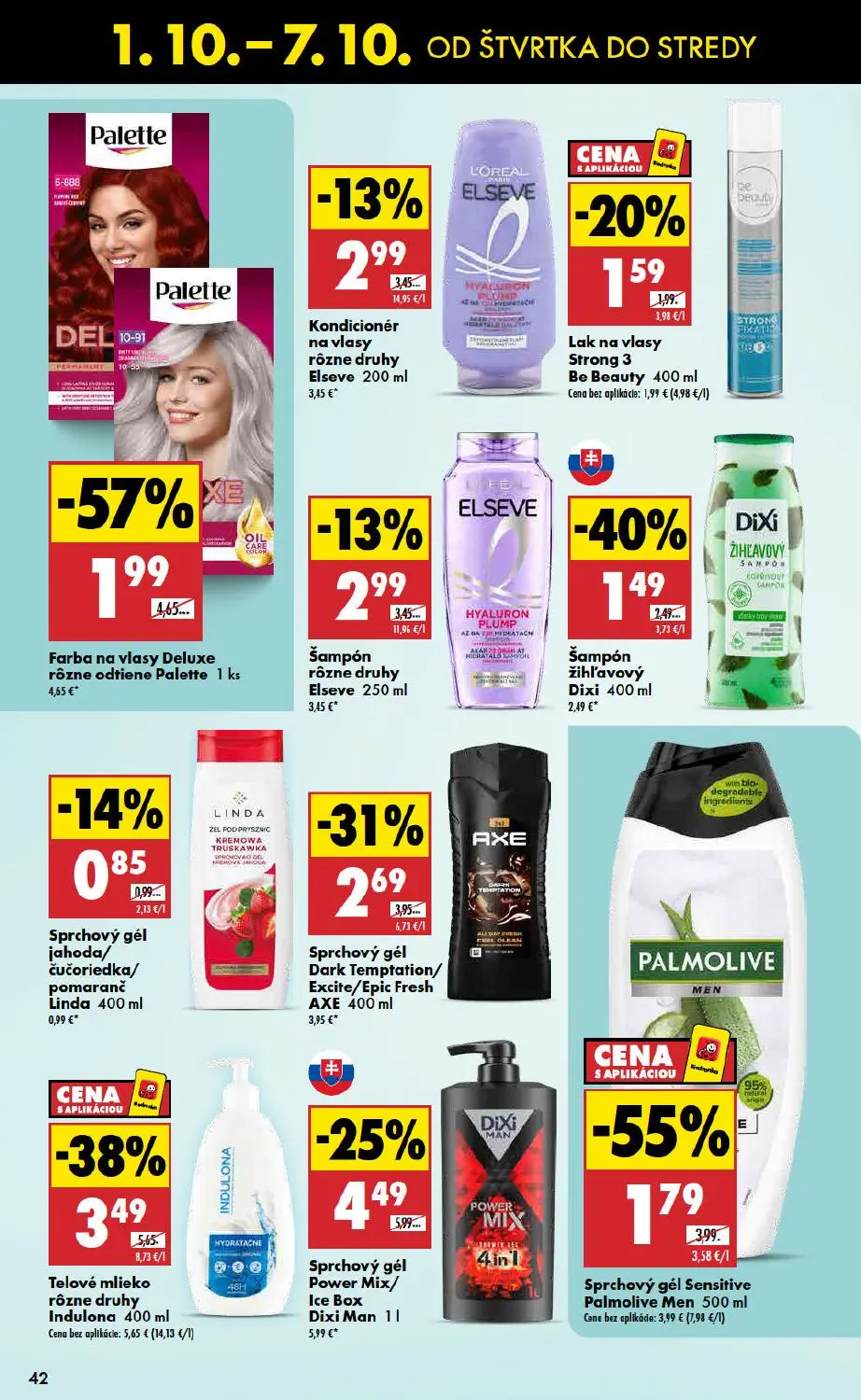 Biedronka leták, strana 42 z 48 — Farba na vlasy Deluxe rôzne odtiene Palette, Sprchový gél Sensitive Palmolive Men, Telové …
