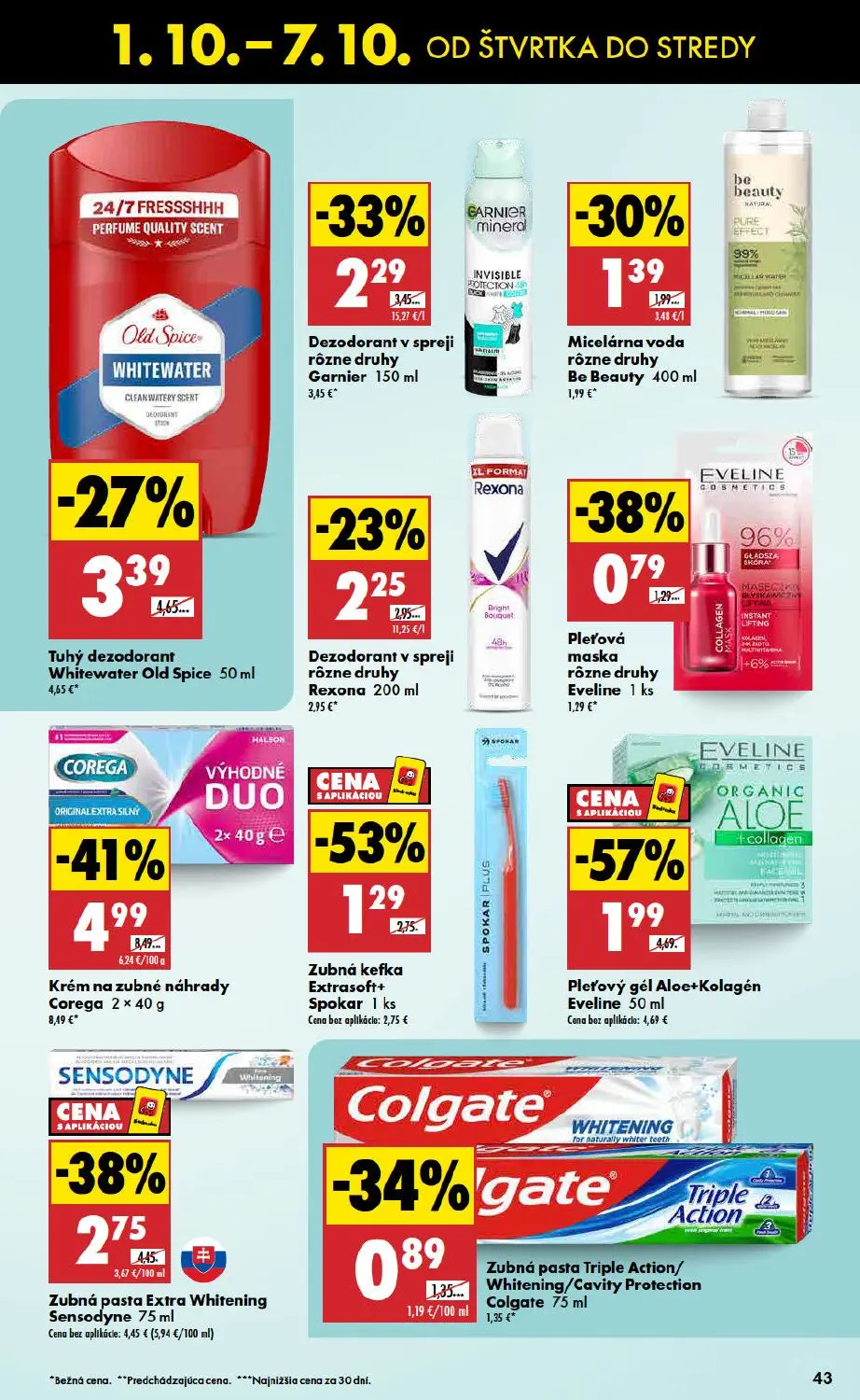 Biedronka leták, strana 43 z 48 — Krém na zubné náhrady Corega, Pleťový gél Aloe+Kolagén Eveline, Zubná pasta Extra Whitenin…