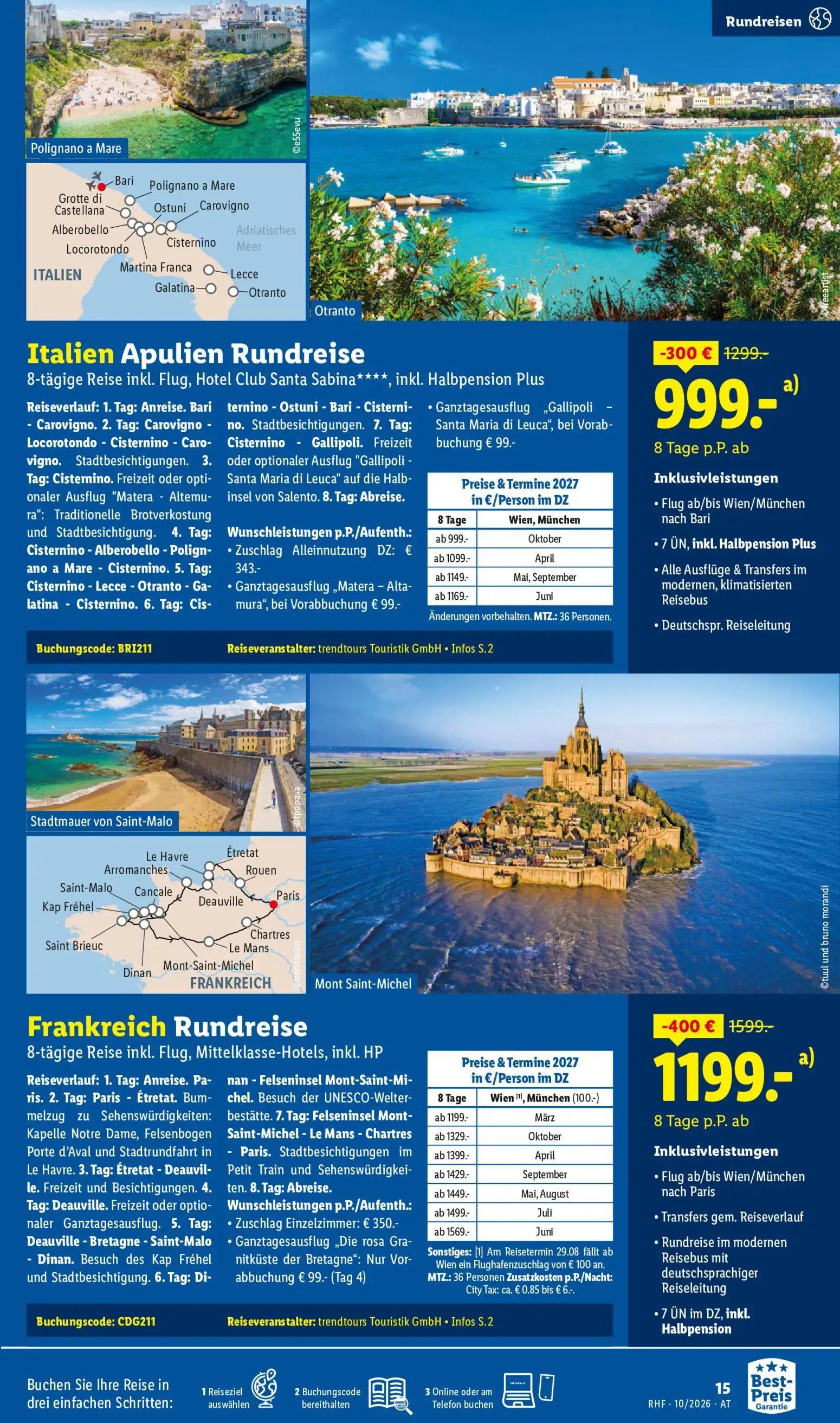 Lidl Prospekt, Seite 15 von 24 — Frankreich Rundreise, Italien Apulien Rundreise