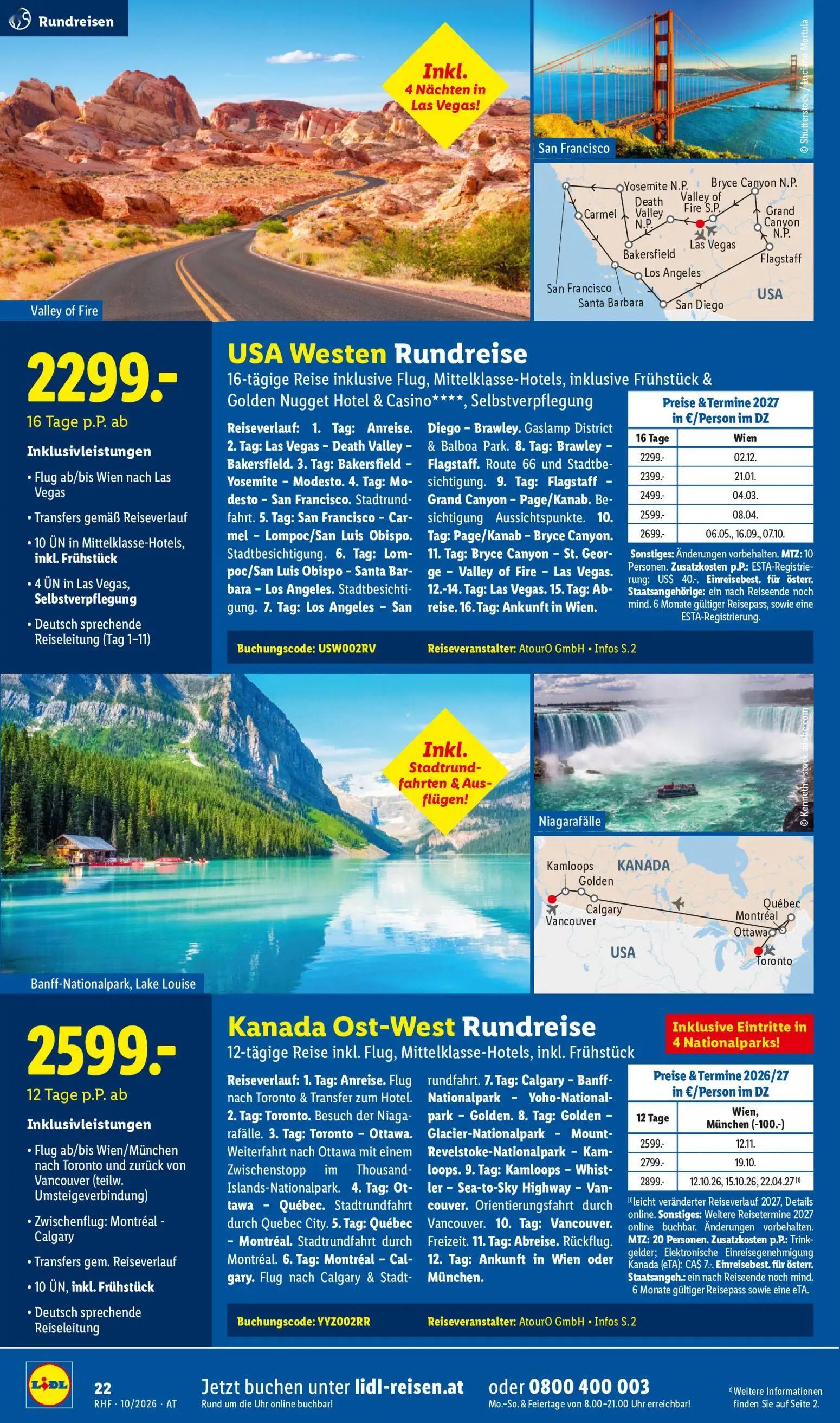 Lidl Prospekt, Seite 22 von 24 — USA Westen Rundreise, Kanada Ost-West Rundreise, USA Westen Rundreise