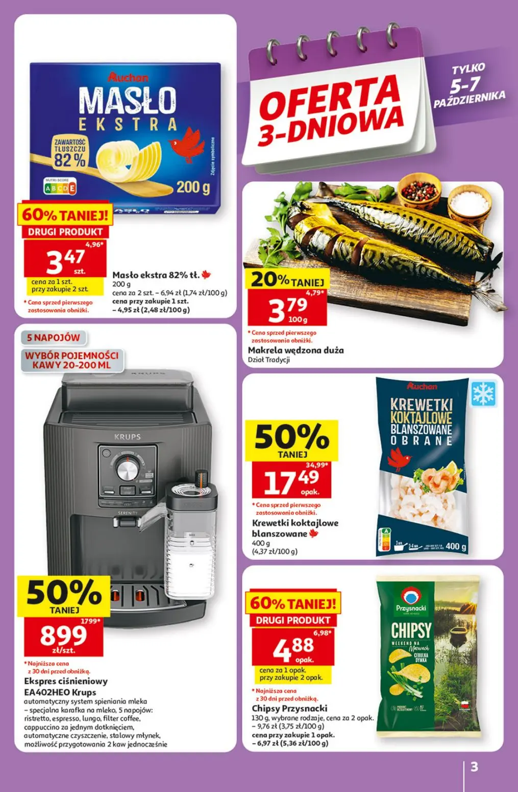 Auchan gazetka, strona 3 z 49 — Ekspres ciśnieniowy EA402HEO Krups, Krewetki koktajlowe blanszowane, Chipsy Przysnacki