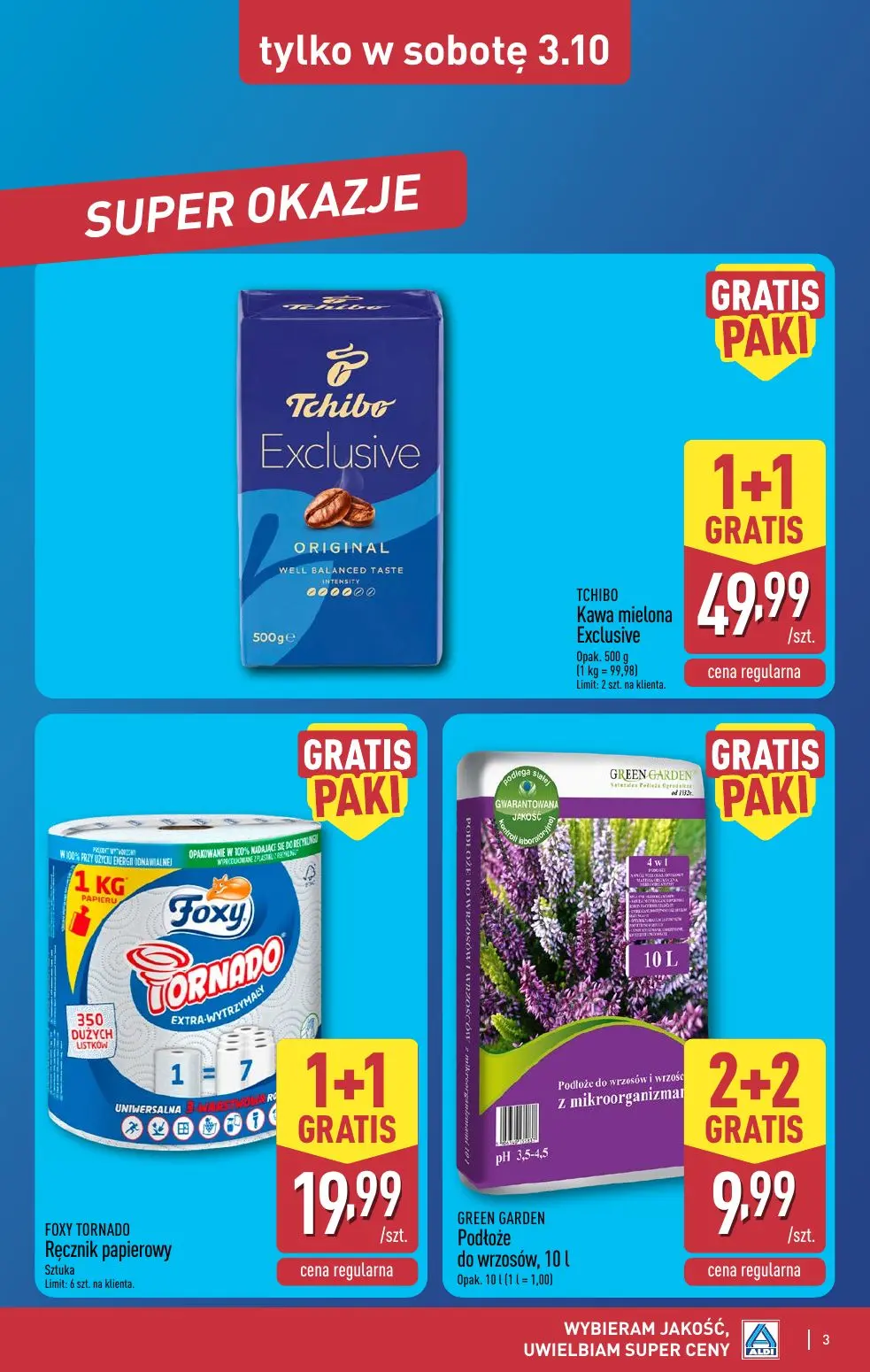 ALDI gazetka, strona 3 z 12 — TCHIBO Kawa mielona Exclusive, FOXY TORNADO Ręcznik papierowy, GREEN GARDEN Podłoże do wrzosów