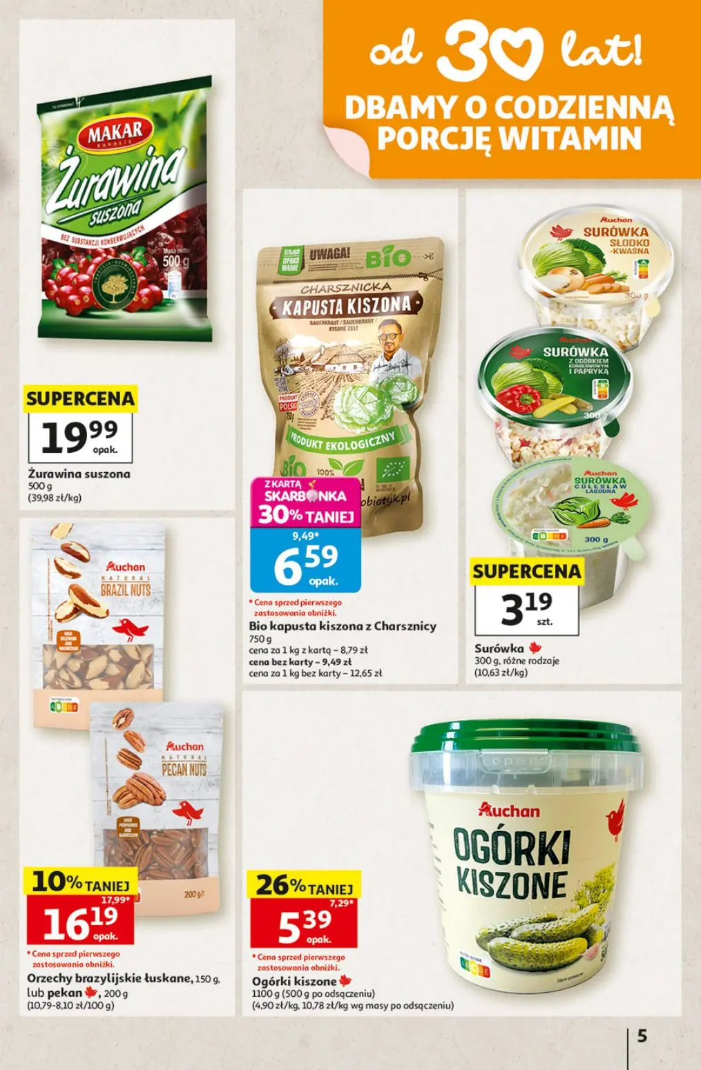 Auchan gazetka, strona 5 z 49 — Bio kapusta kiszona z Charsznicy, Ogórki kiszone, Orzechy brazylijskie łuskane