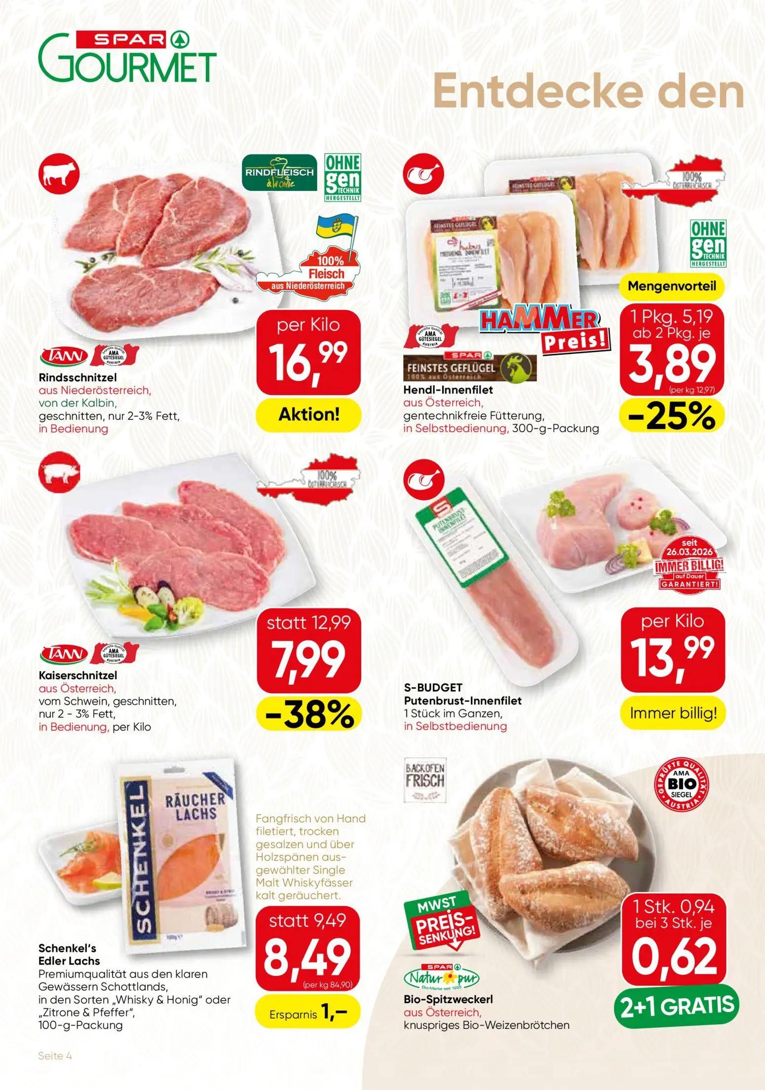 Spar Gourmet Prospekt, Seite 4 von 8 — Kaiserschnitzel, Hendl-Innenfilet, Schenkel's Edler Lachs