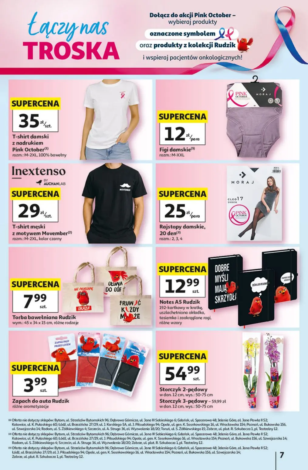 Auchan gazetka, strona 7 z 49 — T-shirt damski z nadrukiem Pink October, Figi damskie, T-shirt męski z motywem Movember