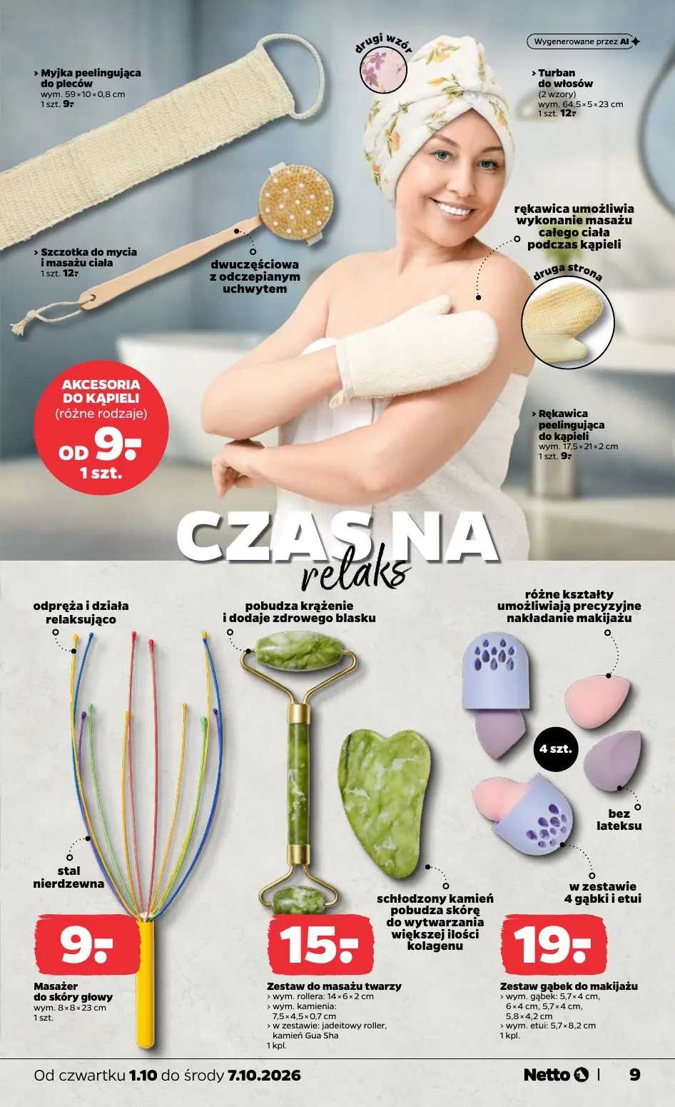NETTO gazetka, strona 9 z 12 — Myjka peelingująca do pleców, Turban do włosów, Szczotka do mycia i masażu ciała