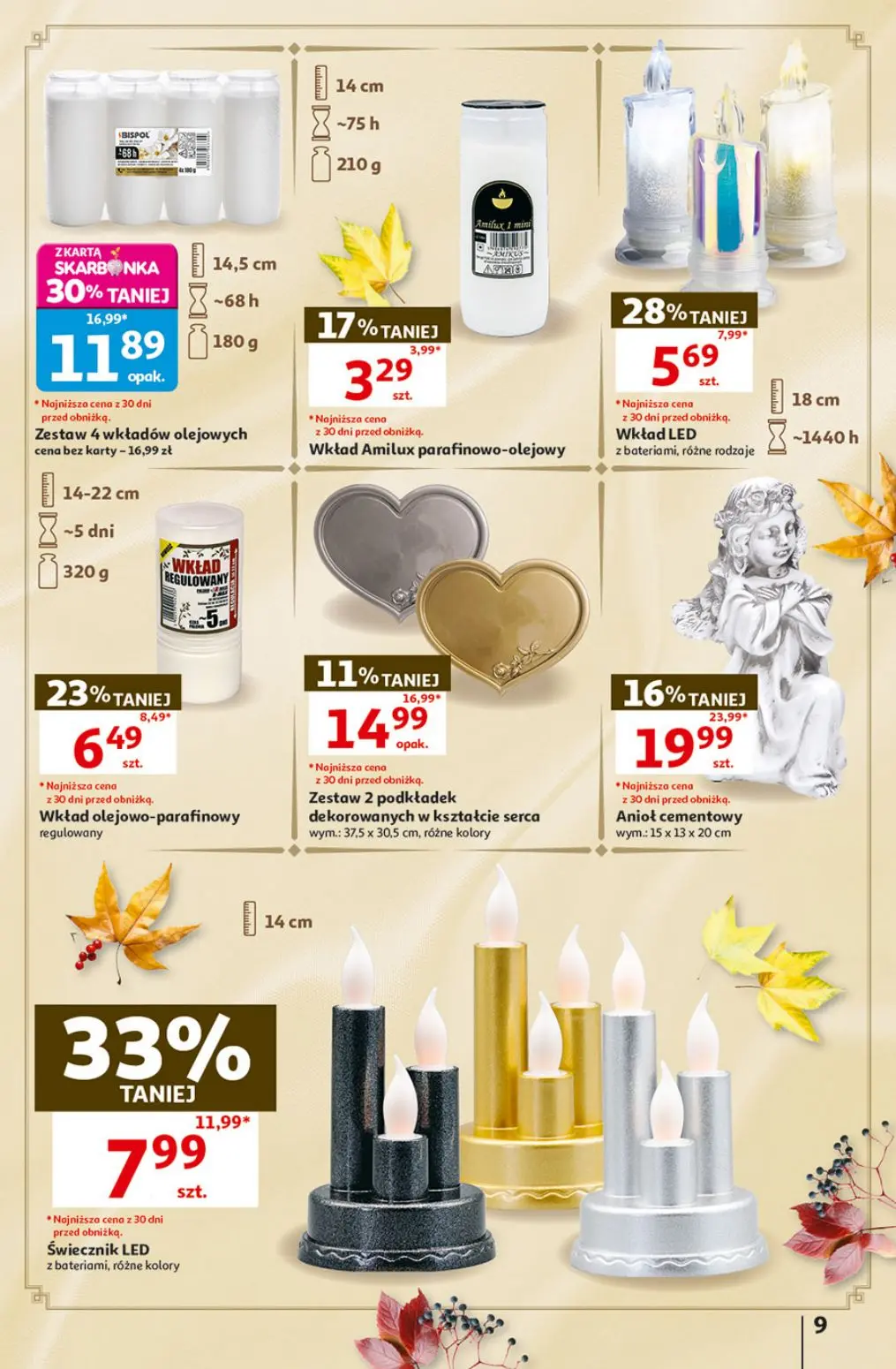 Auchan gazetka, strona 9 z 49 — Zestaw 4 wkładów olejowych, Anioł cementowy, Świecznik LED