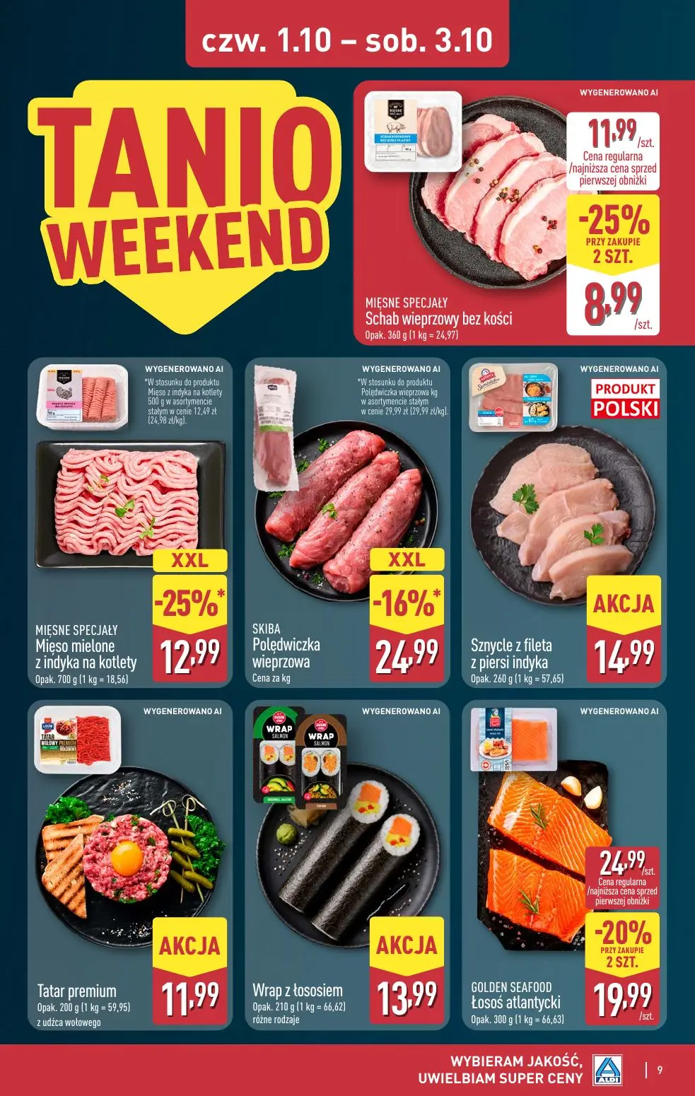 ALDI gazetka, strona 9 z 12 — GOLDEN SEAFOOD Łosoś atlantycki, Polędwiczka wieprzowa, Mięso mielone z indyka na kotlety