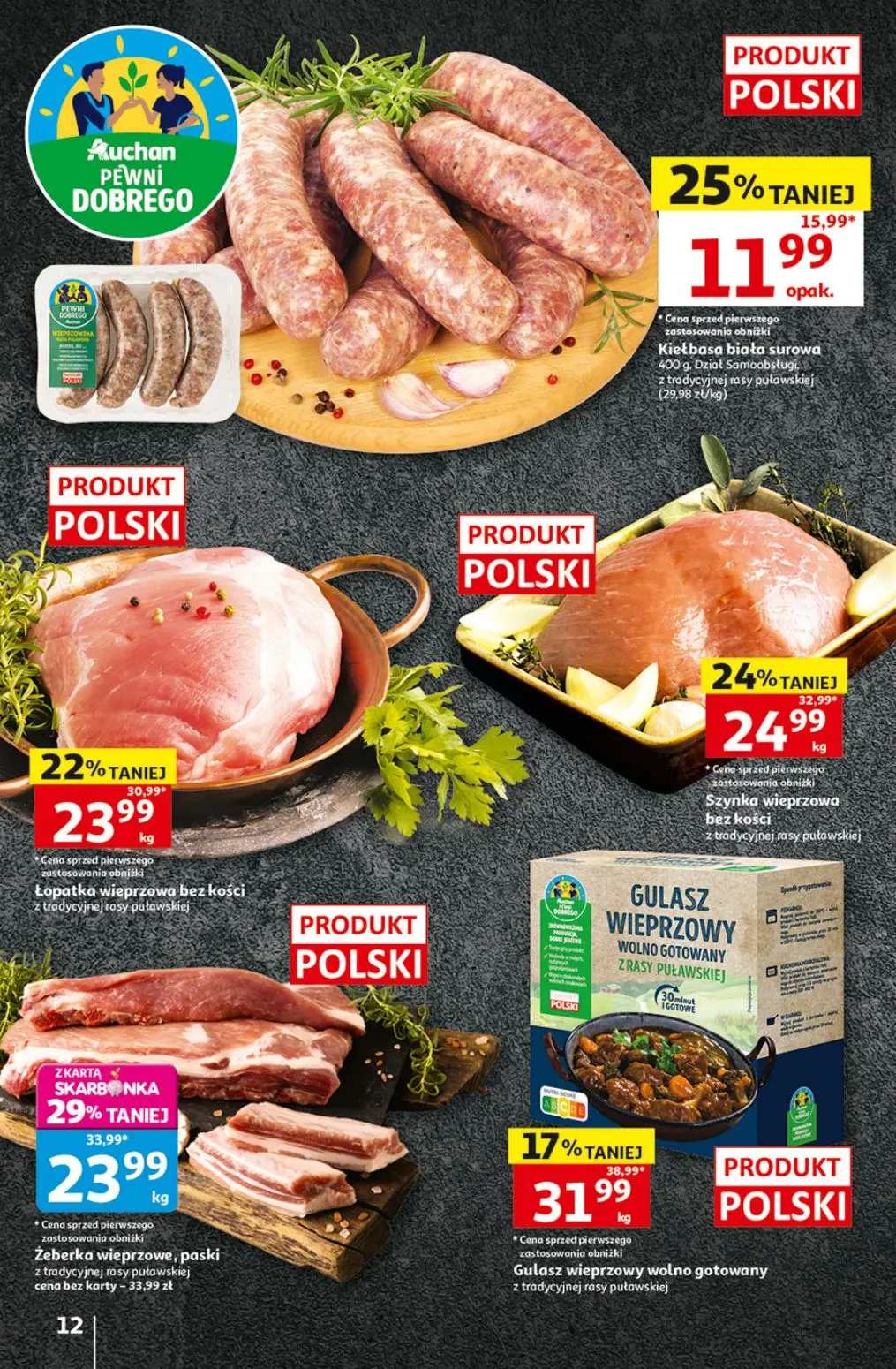 Auchan gazetka, strona 12 z 49 — Żeberka wieprzowe, paski, Szynka wieprzowa bez kości, Łopatka wieprzowa bez kości