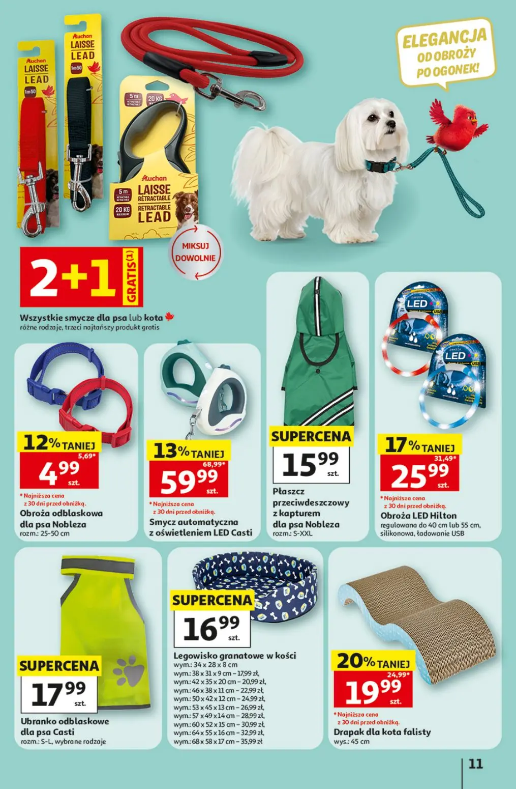 Auchan gazetka, strona 11 z 12 — Legowisko granatowe w kości, Smycz automatyczna z oświetleniem LED Casti, Obroża LED Hilton