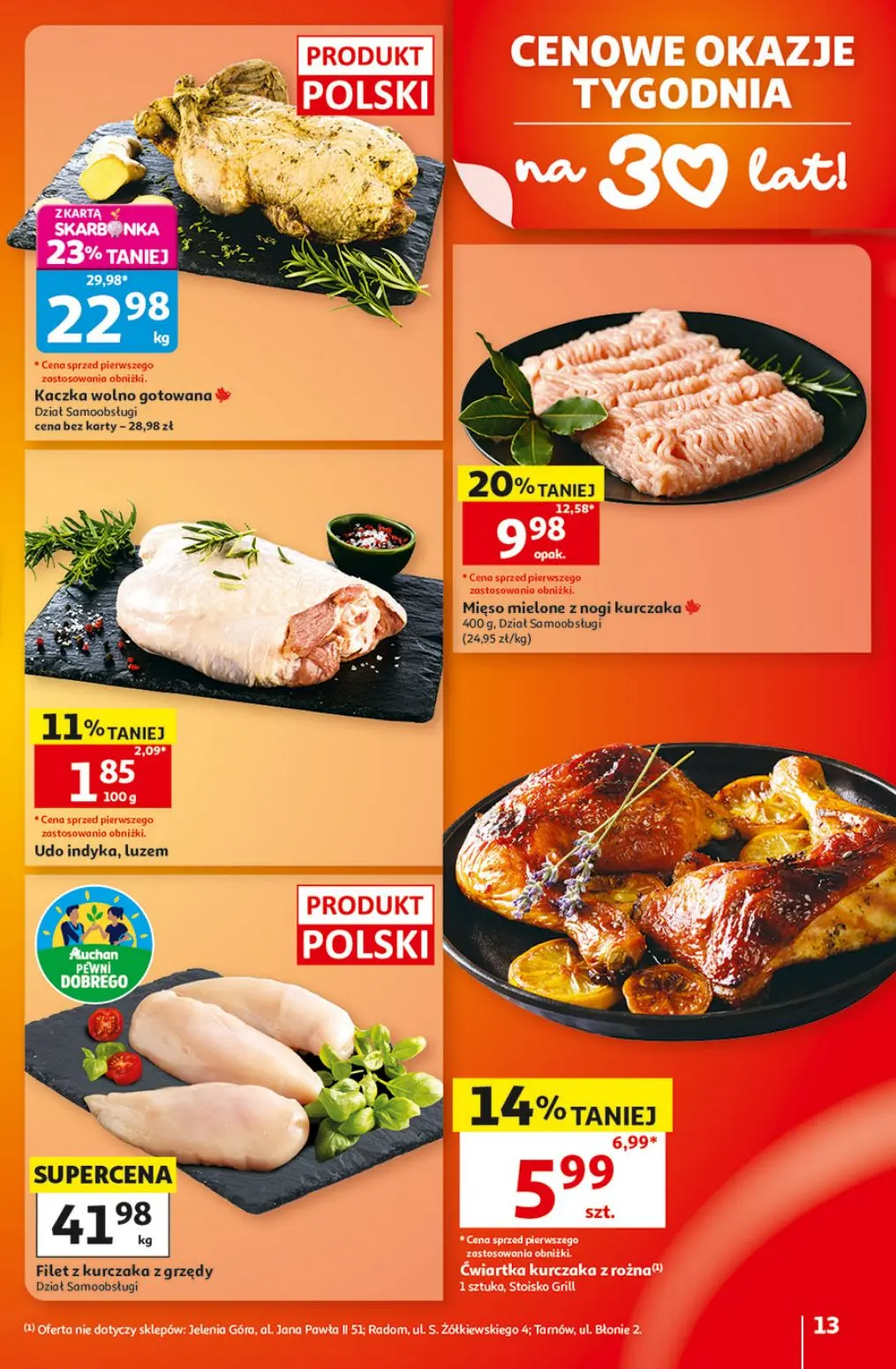 Auchan gazetka, strona 13 z 49 — Kaczka wolno gotowana, Mięso mielone z nogi kurczaka, Ćwiartka kurczaka z rożna