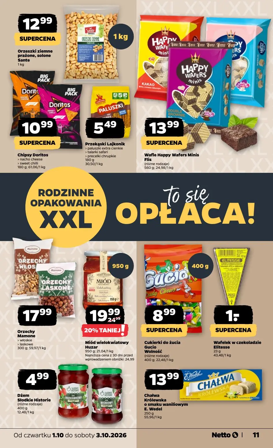 NETTO gazetka, strona 11 z 20 — Miód wielokwiatowy Huzar, Orzeszki ziemne prażone, solone Sante, Wafle Happy Wafers Minis Fl…