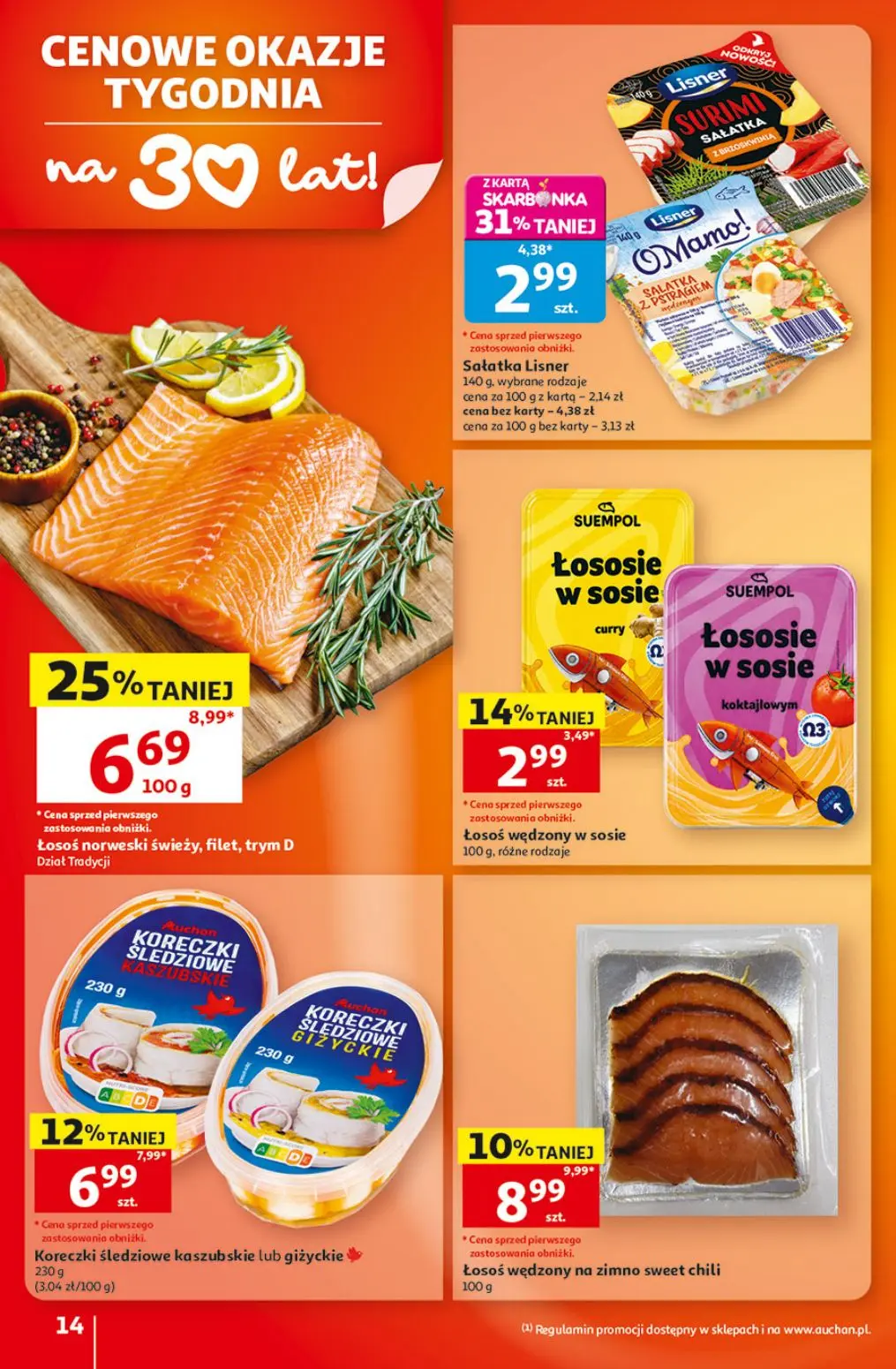 Auchan gazetka, strona 14 z 49 — Łosoś norweski świeży, filet, trym D, Sałatka Lisner, Koreczki śledziowe kaszubskie lub giż…