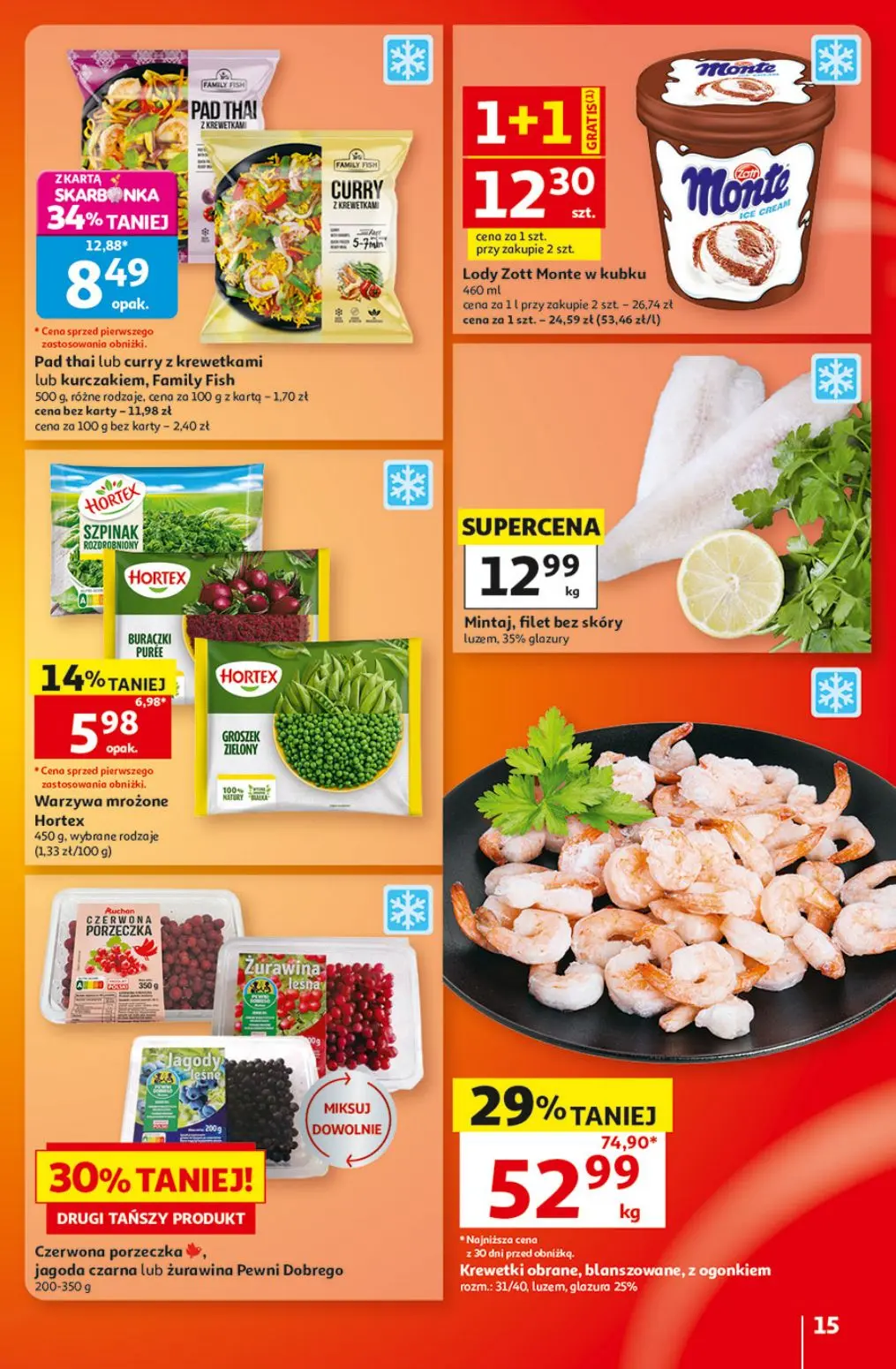 Auchan gazetka, strona 15 z 49 — Krewetki obrane, blanszowane, z ogonkiem, Pad thai lub curry z krewetkami lub kurczakiem, F…