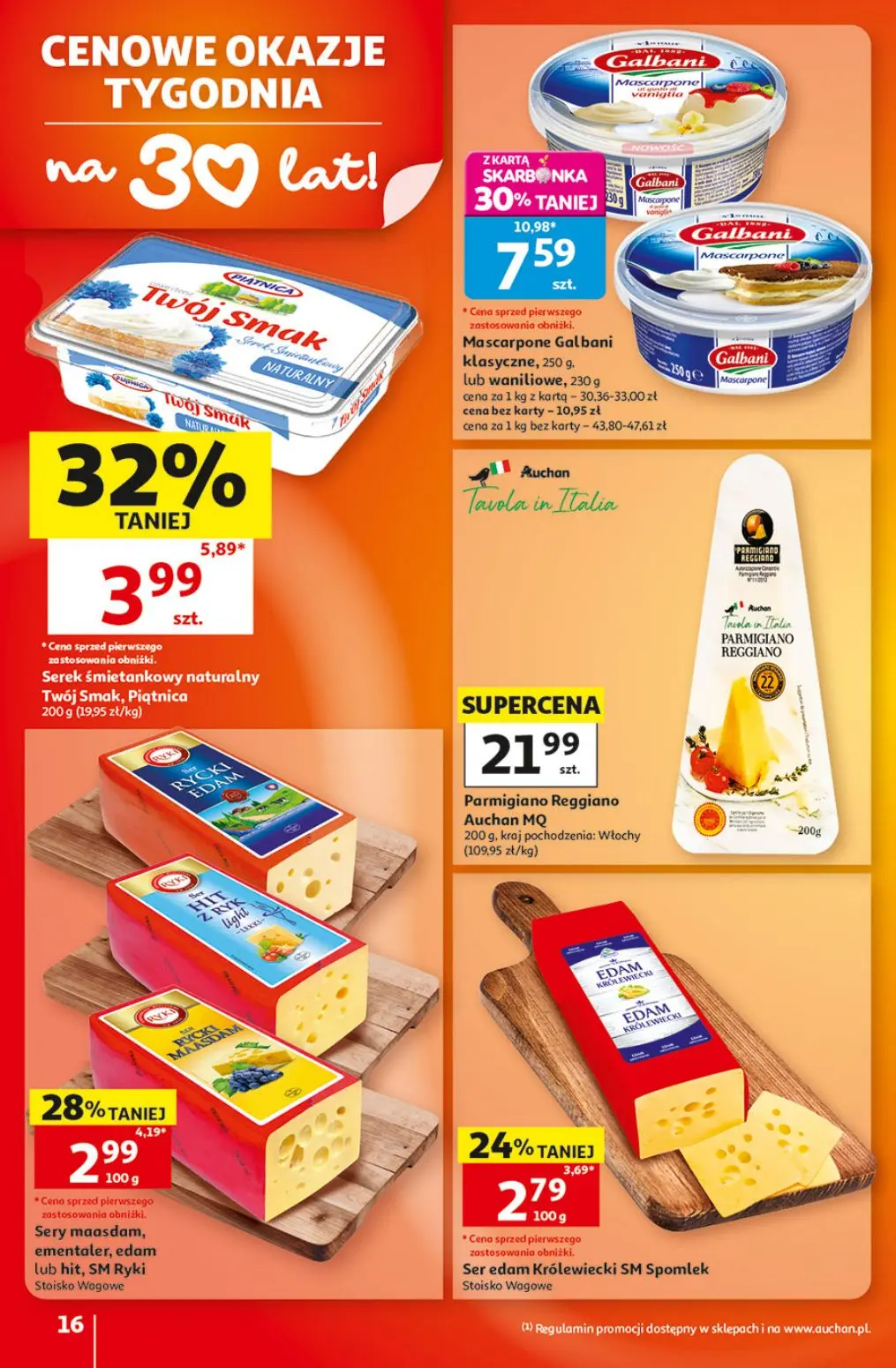 Auchan gazetka, strona 16 z 49 — Mascarpone Galbani klasyczne, Serek śmietankowy naturalny Twój Smak, Piątnica, Sery maasdam…