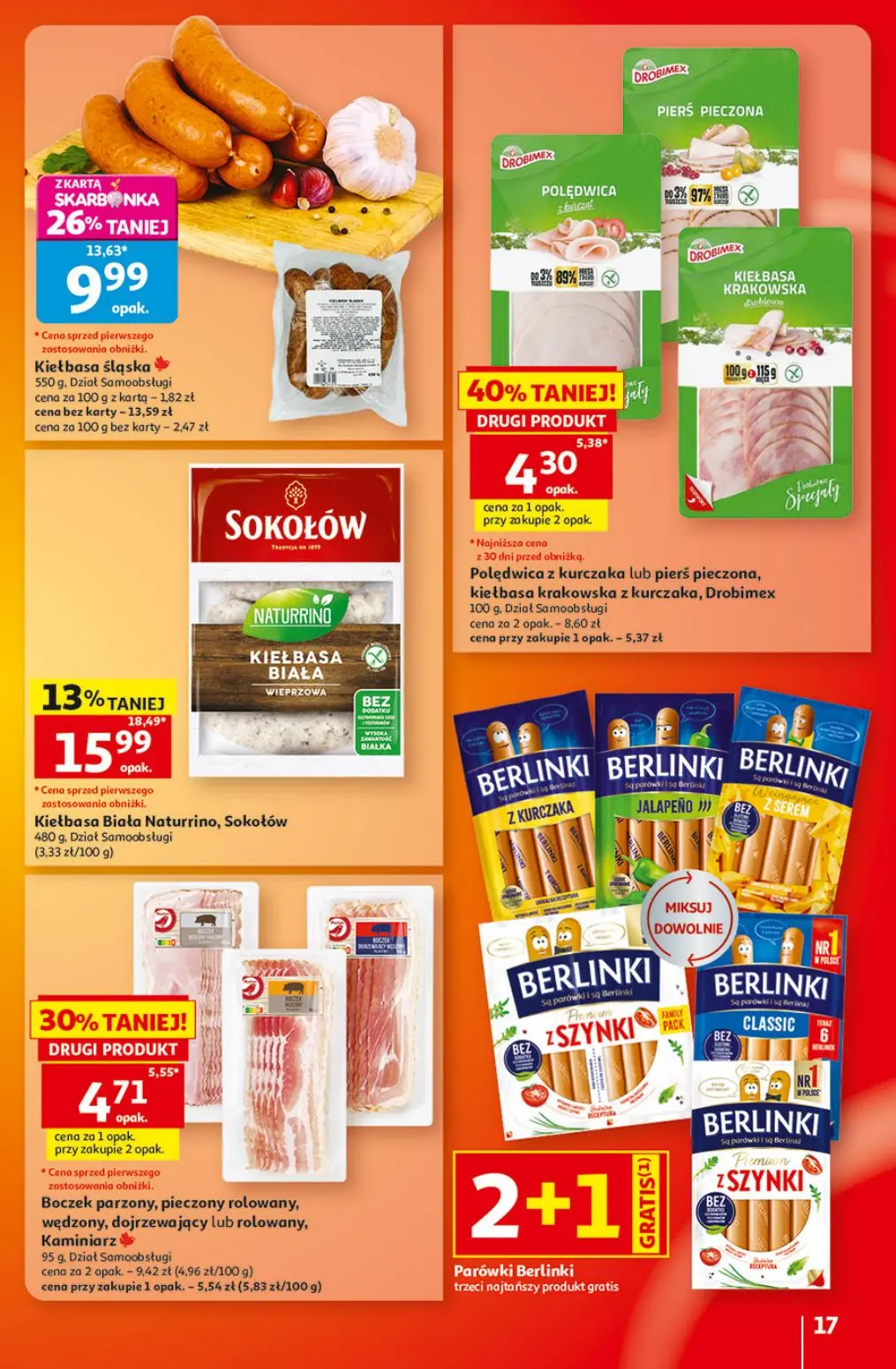 Auchan gazetka, strona 17 z 49 — Kiełbasa śląska, Kiełbasa Biała Naturrino, Sokołów, Polędwica z kurczaka lub pierś pieczona…